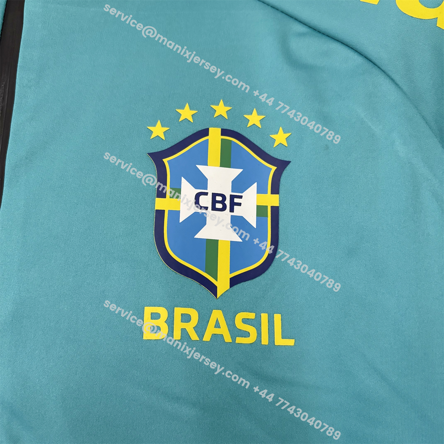 ManixJersey.com | Retro Brazil 2022 Pre-Match Cyan Windbreaker -Customize Name, Number and Patch | Worldwide Shipping
