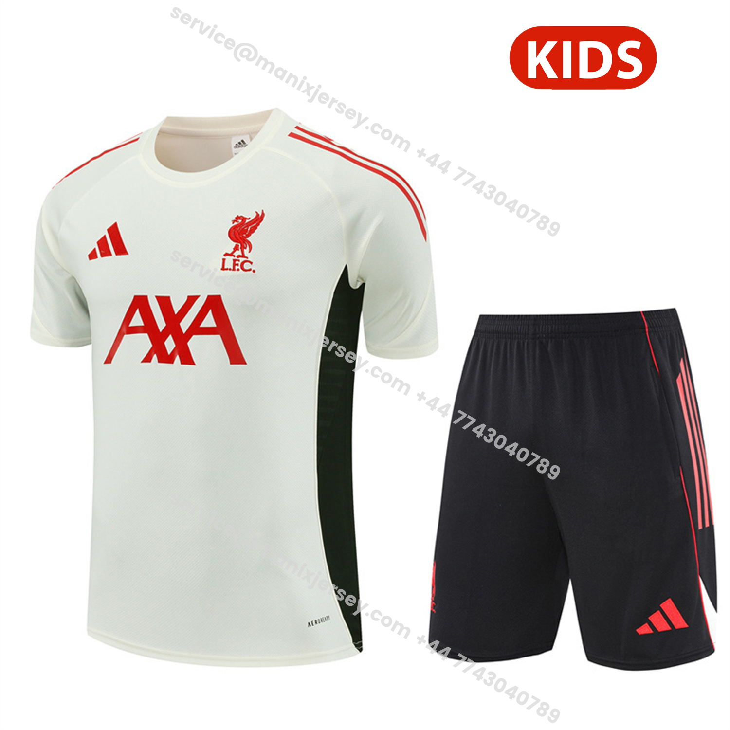 ManixJersey.com | Liver.pool 25-26 Kids Short-Sleeve Training Set Off White Top & Black Shorts -Customize Name, Number and Patch | Worldwide Shipping