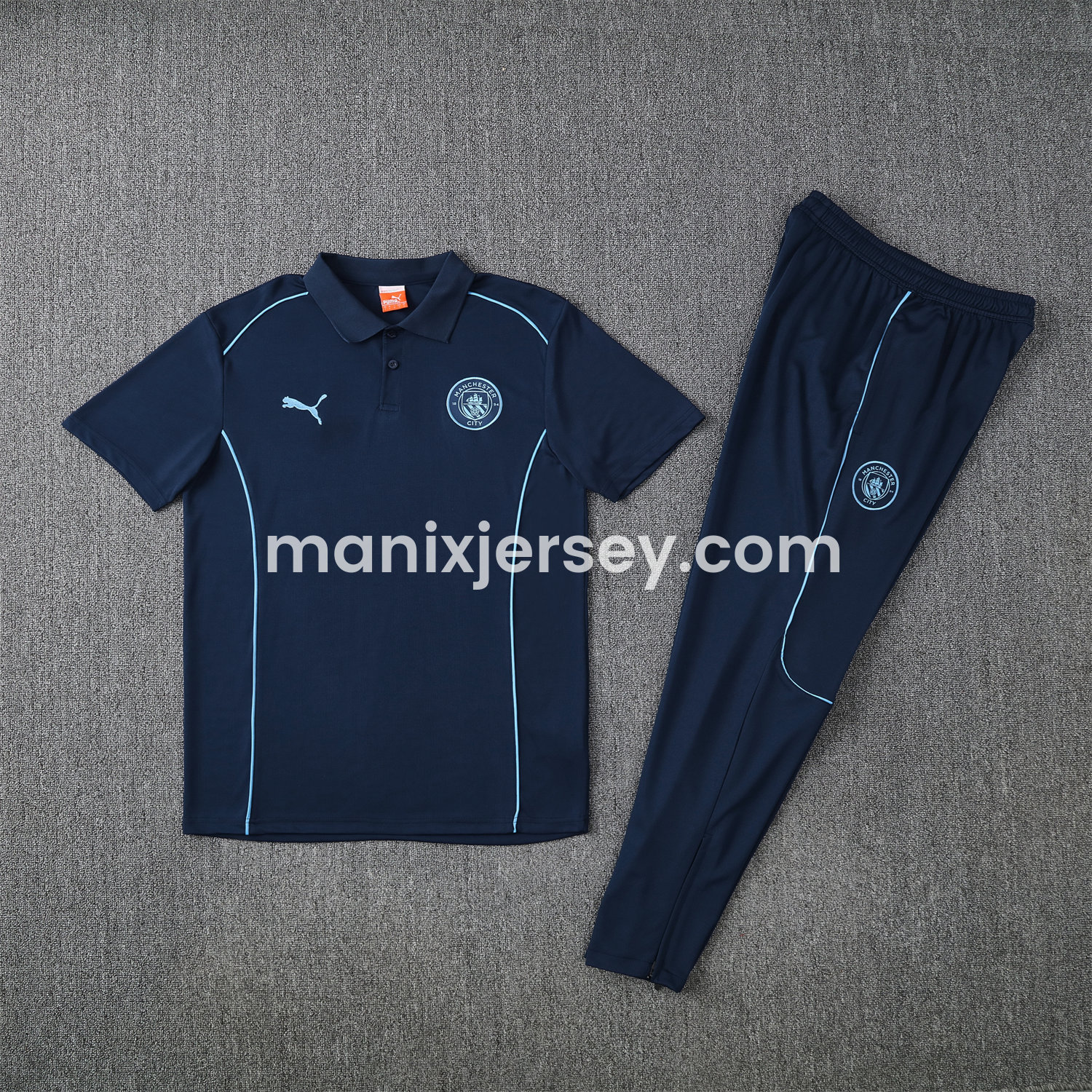 ManixJersey.com | Manchester City 25-26 POLO Short-Sleeve Training Set - Deep Blue Top and Pants -Customize Name, Number and Patch | Worldwide Shipping