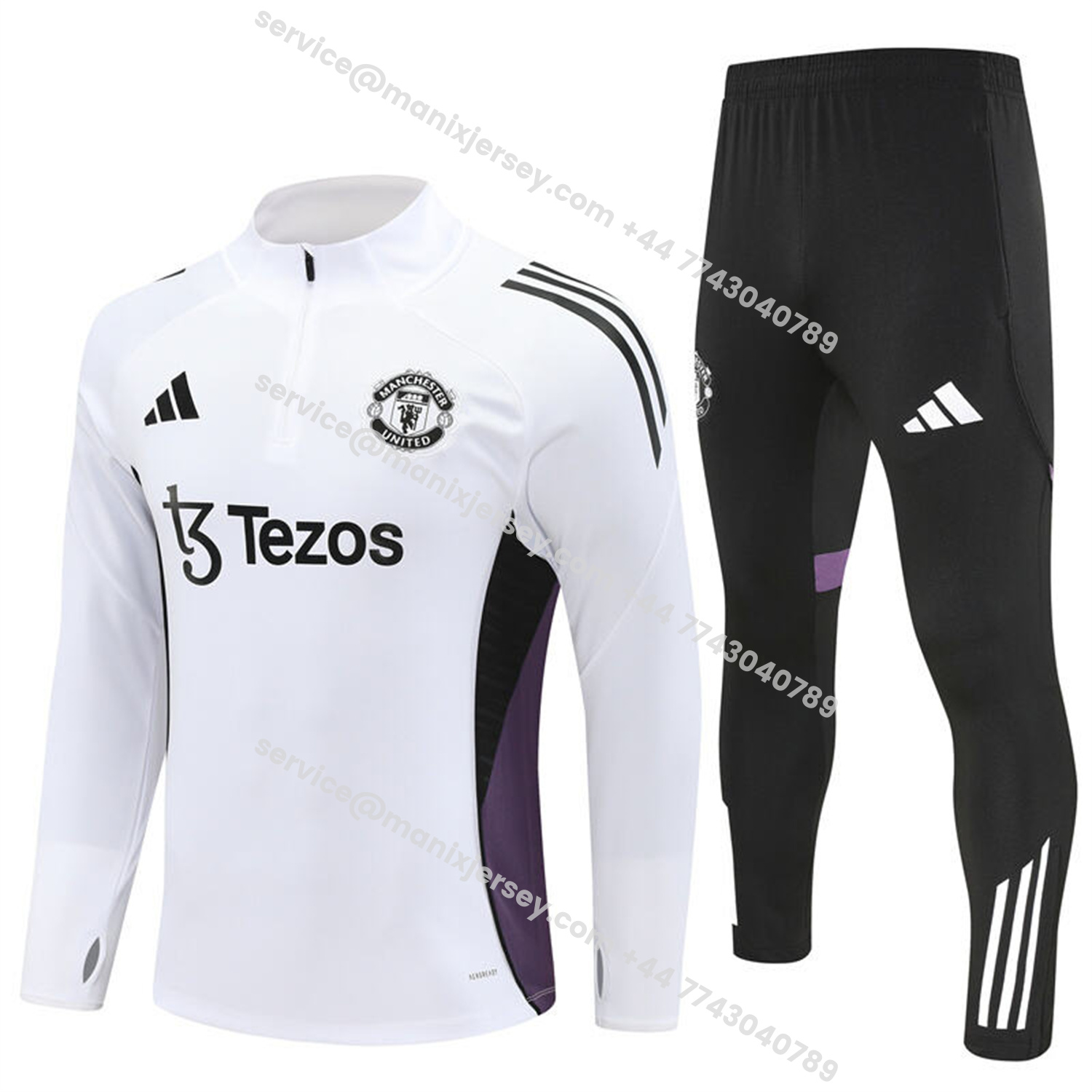 ManixJersey.com | Manchester United 25-26 Long Sleeve Training Set - White Top & Black Pants -Customize Name, Number and Patch | Worldwide Shipping