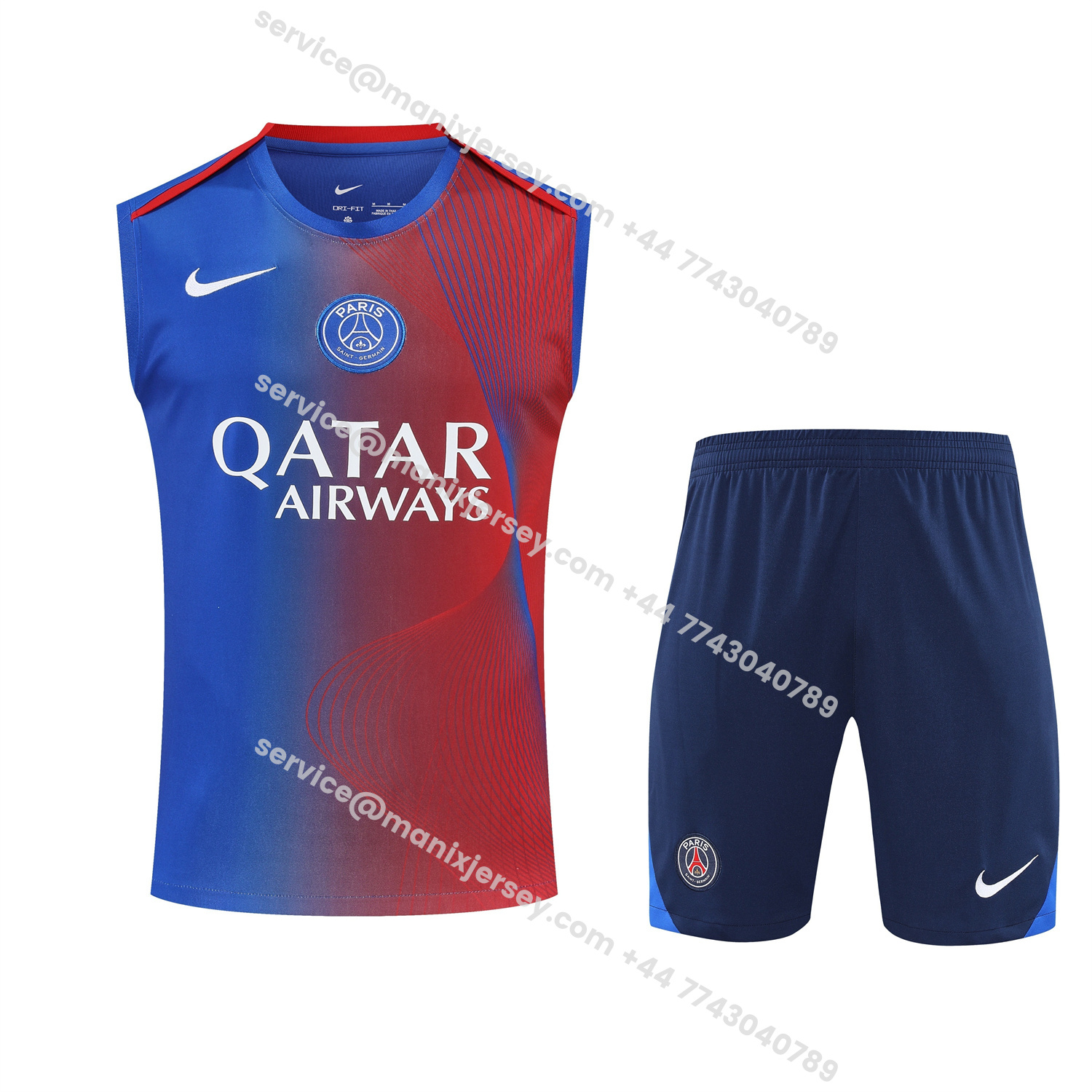 ManixJersey.com | Paris Saint-Germain PSG 25-26 Vest Training Set - Red And Blue Lines Vest & Blue Shorts -Customize Name, Number and Patch | Worldwide Shipping