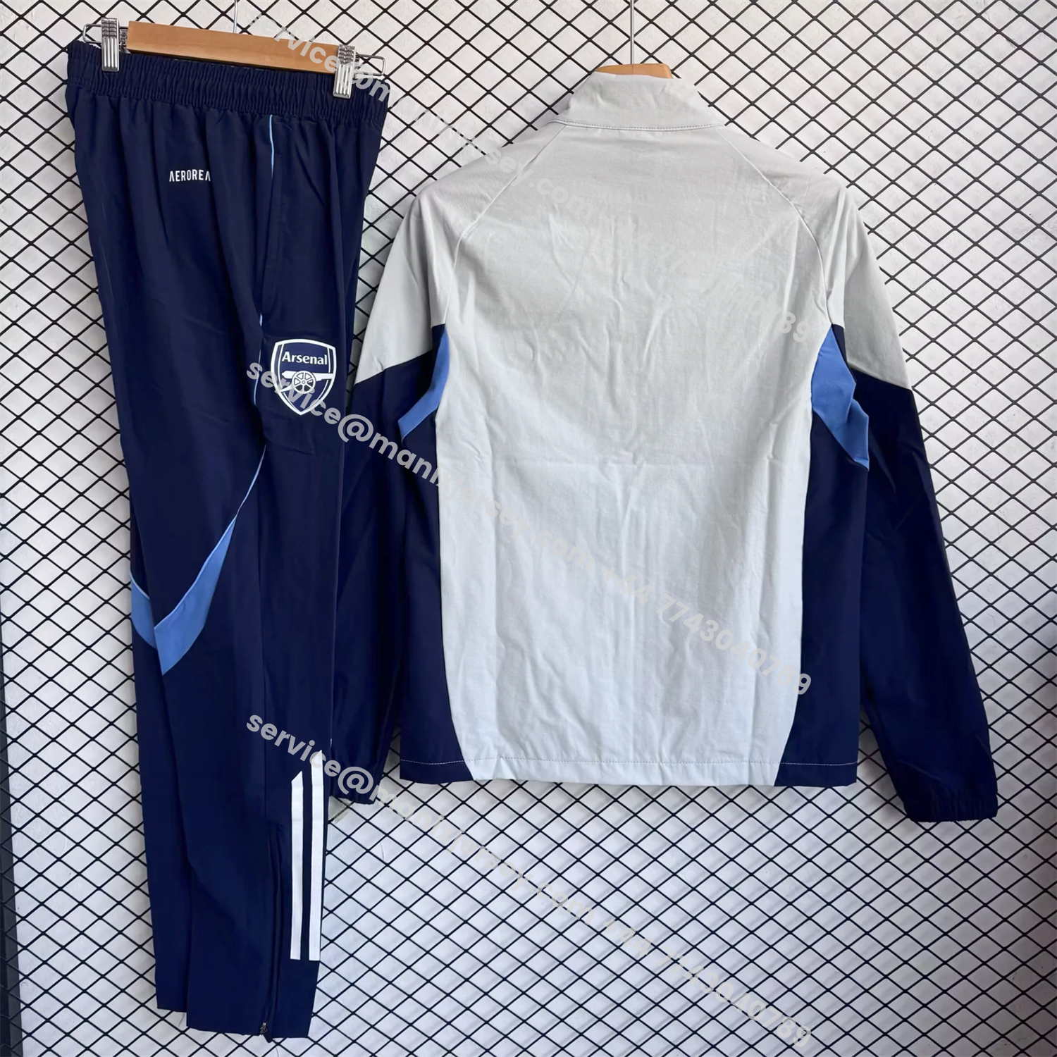 ManixJersey.com | Arsenal 25-26 Windbreaker Training Set - Light Grey Top and Blue Pants -Customize Name, Number and Patch | Worldwide Shipping