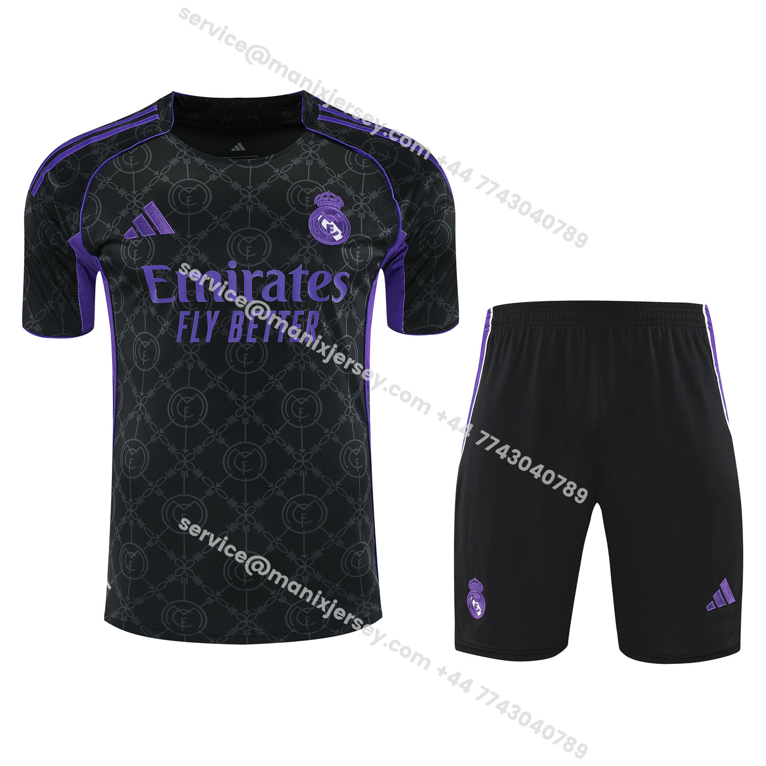 ManixJersey.com | Real Madrid 25-26 Short-Sleeve Training Set - Blue Edge Black Top & Black Shorts -Customize Name, Number and Patch | Worldwide Shipping