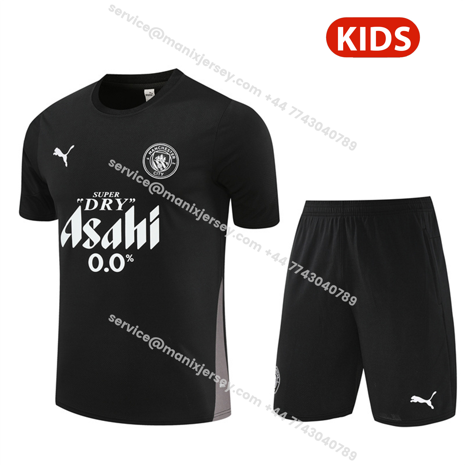ManixJersey.com | Manchester City 25-26 Kids Short-Sleeve Training Set - Black Top & Black Shorts -Customize Name, Number and Patch | Worldwide Shipping