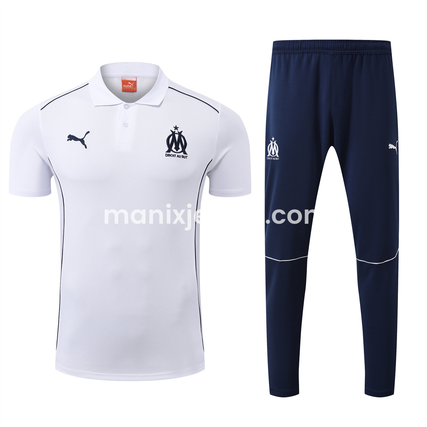 ManixJersey.com | Marseille 25-26 POLO Short-Sleeve Training Set - White Top and Deep Blue Pants -Customize Name, Number and Patch | Worldwide Shipping