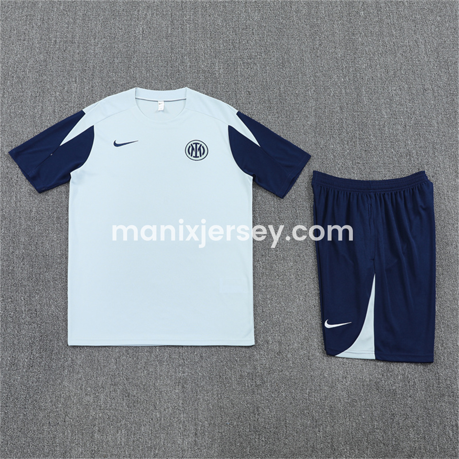 ManixJersey.com | Inter Milan 25-26 Short-Sleeve Training Set - Light Grey Top & Blue Shorts -Customize Name, Number and Patch | Worldwide Shipping