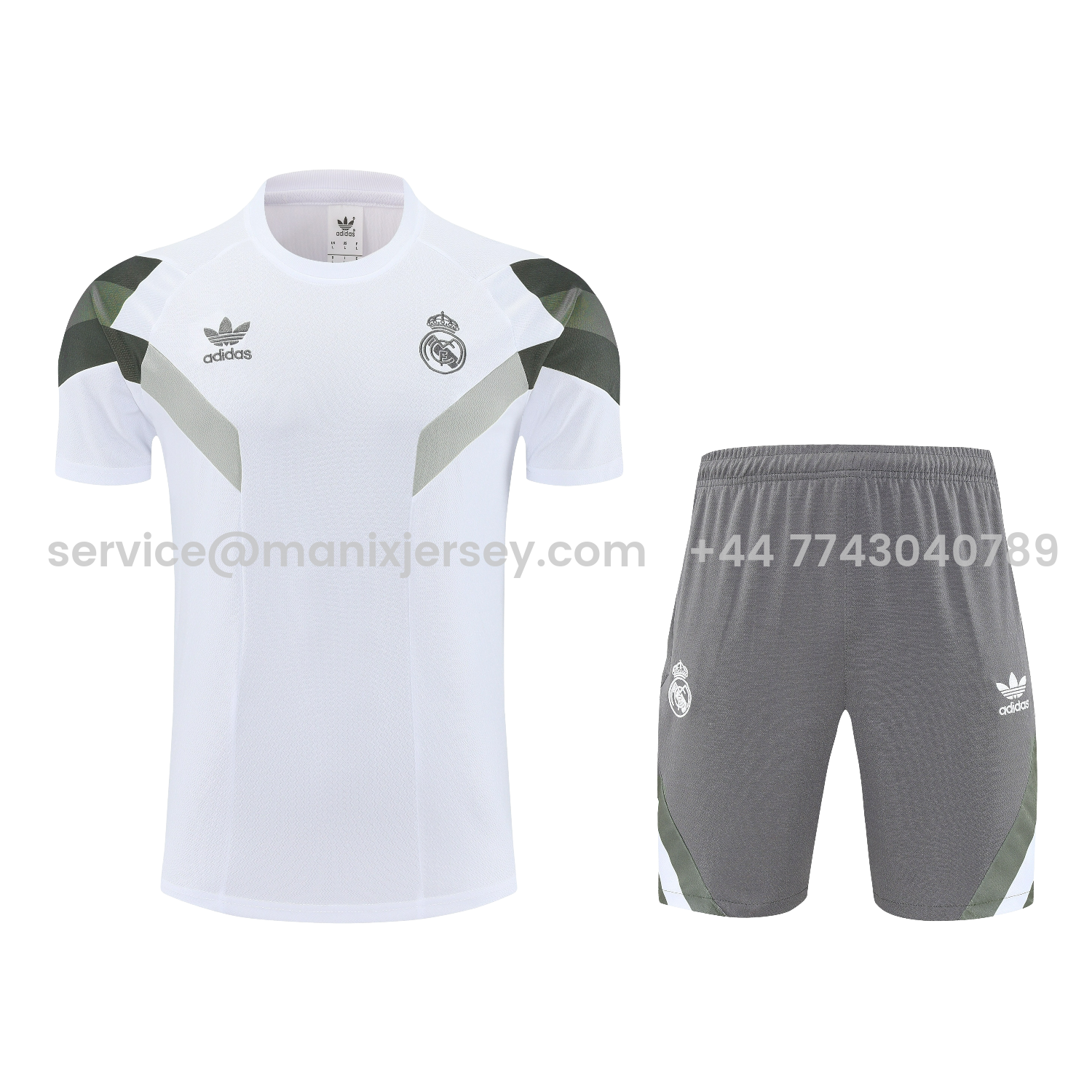 ManixJersey.com | Real Madrid 25-26 Short-Sleeve Training Set - White Top & Gray Shorts -Customize Name, Number and Patch | Worldwide Shipping