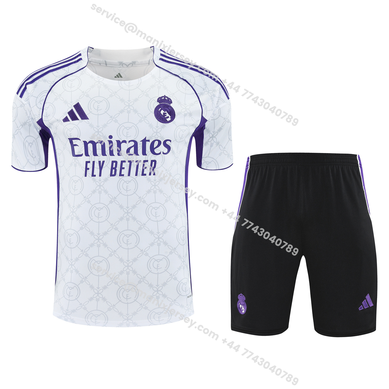 ManixJersey.com | Real Madrid 25-26 Short-Sleeve Training Set - Blue Edge White Top & Black Shorts -Customize Name, Number and Patch | Worldwide Shipping