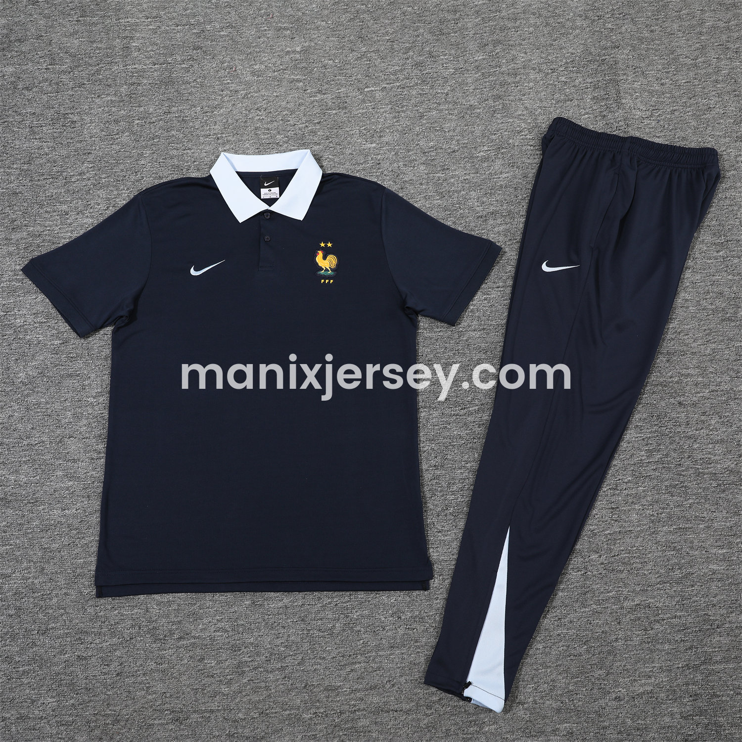 ManixJersey.com | France 25-26 POLO Short-Sleeve Training Set - Deep Blue Top and Pants -Customize Name, Number and Patch | Worldwide Shipping