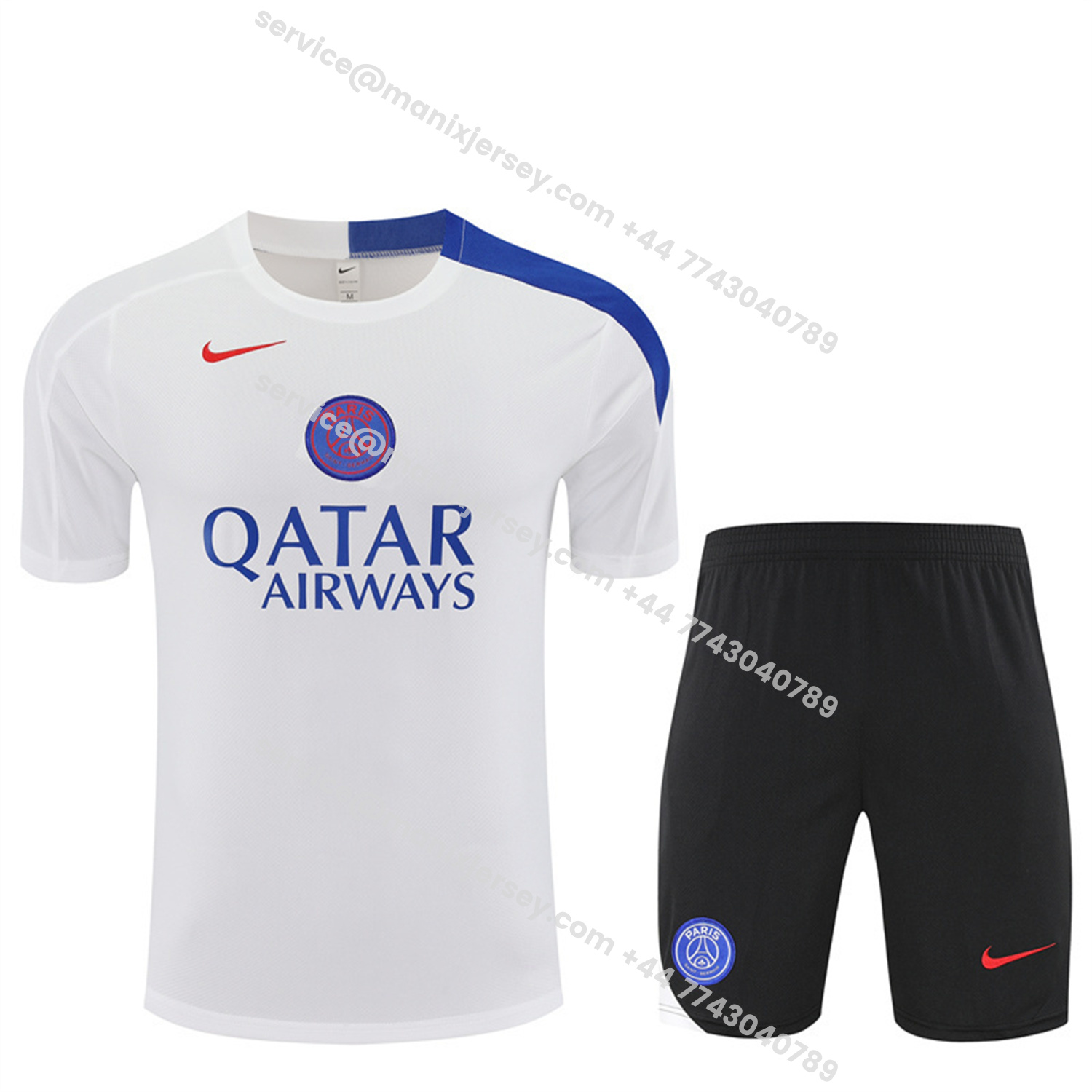 ManixJersey.com | Paris Saint-Germain PSG 25-26 Kids Short-Sleeve Training Set - White Top & Black Shorts -Customize Name, Number and Patch | Worldwide Shipping