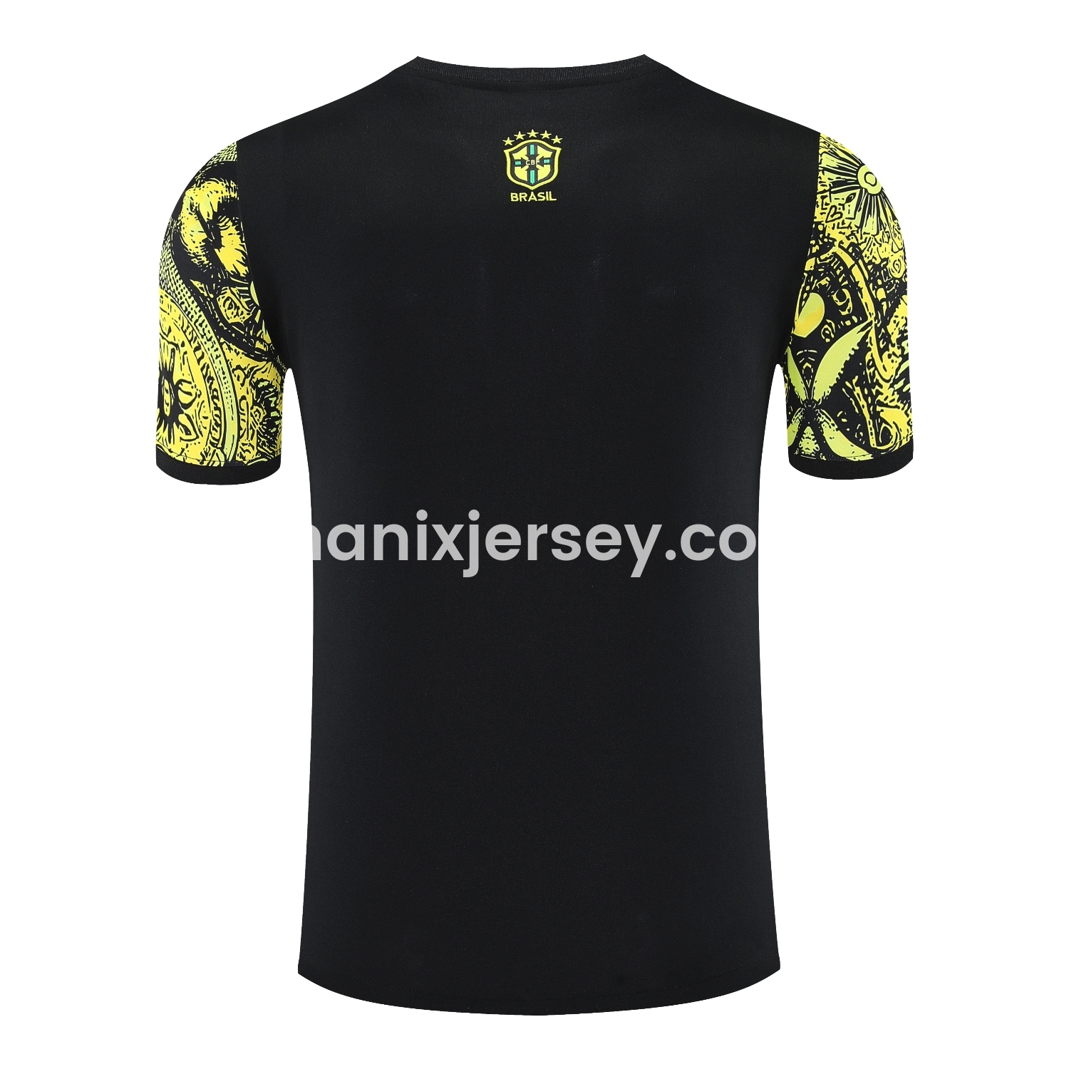 ManixJersey.com | Brazil 25-26 Yellow Jesus Statue Short-Sleeve Training Set - Yellow Top & Black Shorts -Customize Name, Number and Patch | Worldwide Shipping
