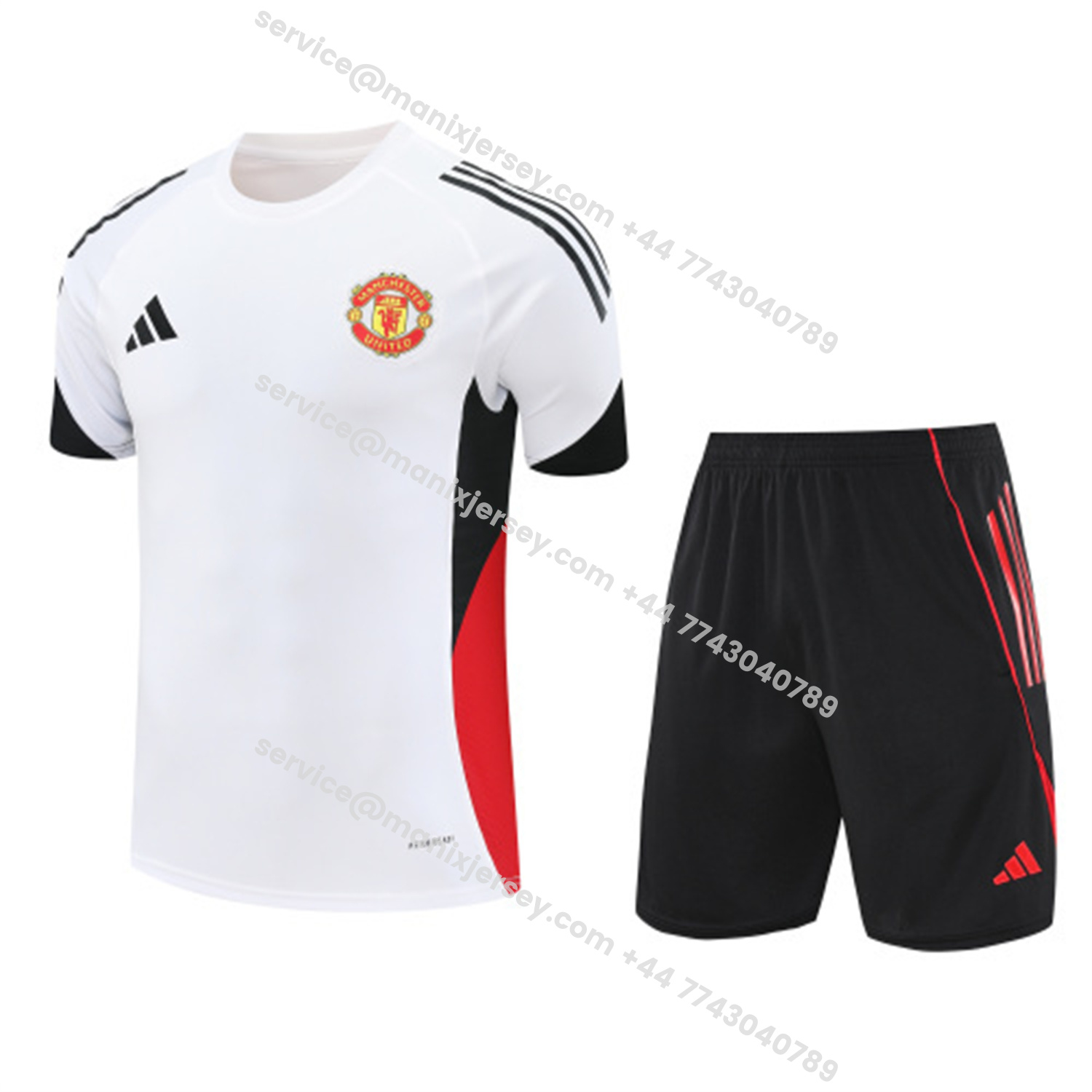 ManixJersey.com | Manchester United 25-26 Short-Sleeve Training Set - Red Black Blocks White Top & Black Shorts -Customize Name, Number and Patch | Worldwide Shipping
