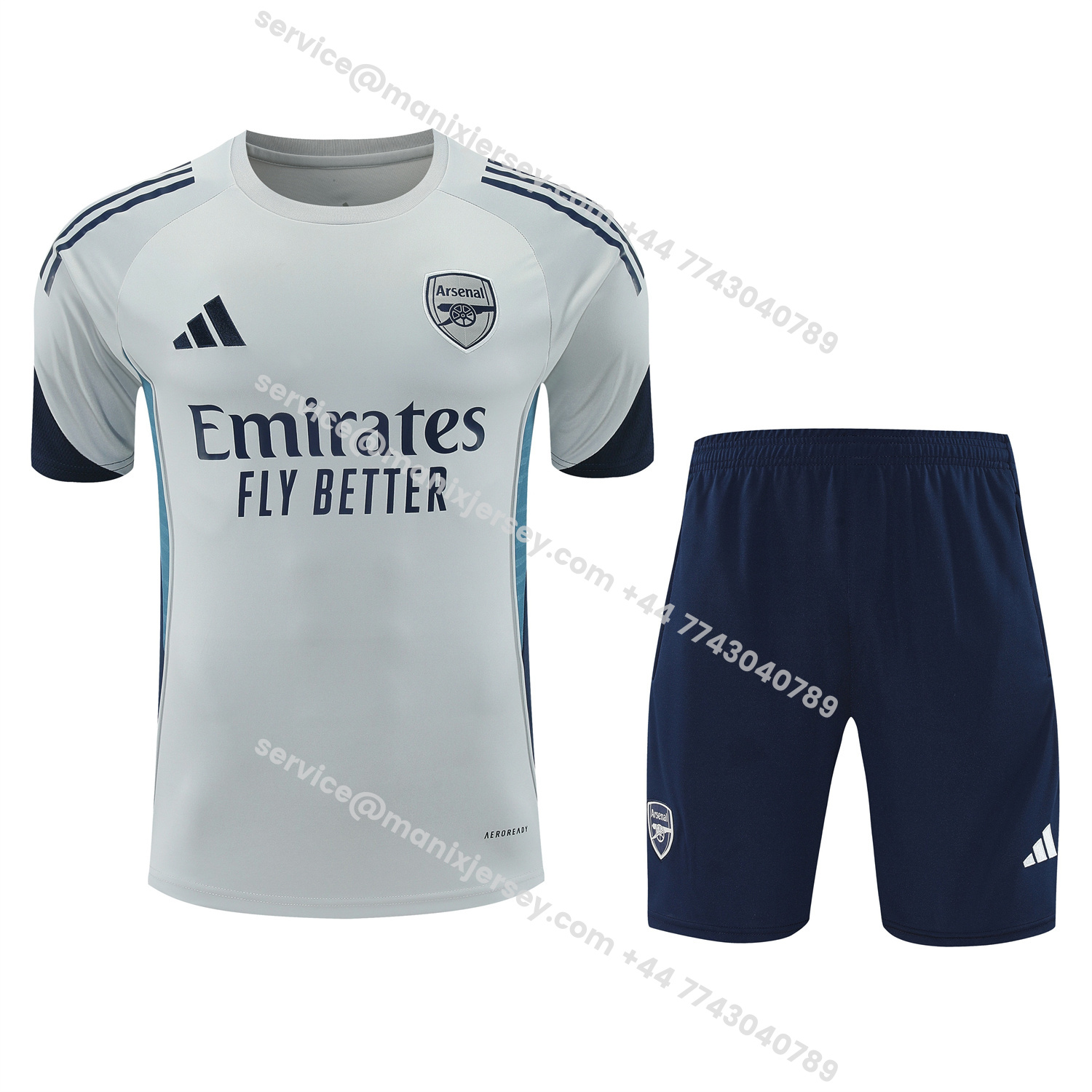 ManixJersey.com | Arsenal 25-26 Short-Sleeve Training Set - Grey Top & Deep Blue Shorts -Customize Name, Number and Patch | Worldwide Shipping