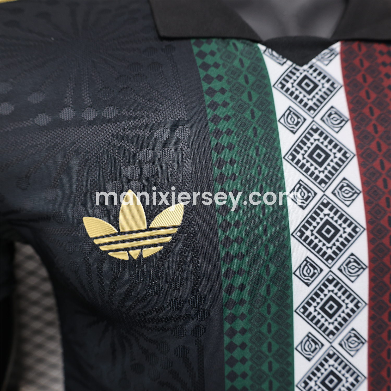 ManixJersey.com | Mexico 25-26 Black Polo Jersey with Red White and Green Decorative Pattern - Player Version -Customize Name, Number and Patch | Worldwide Shipping