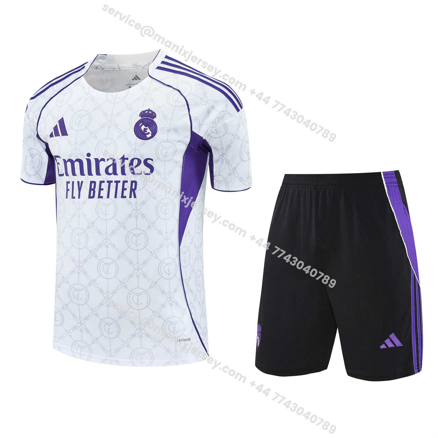 ManixJersey.com | Real Madrid 25-26 Short-Sleeve Training Set - Blue Edge White Top & Black Shorts -Customize Name, Number and Patch | Worldwide Shipping
