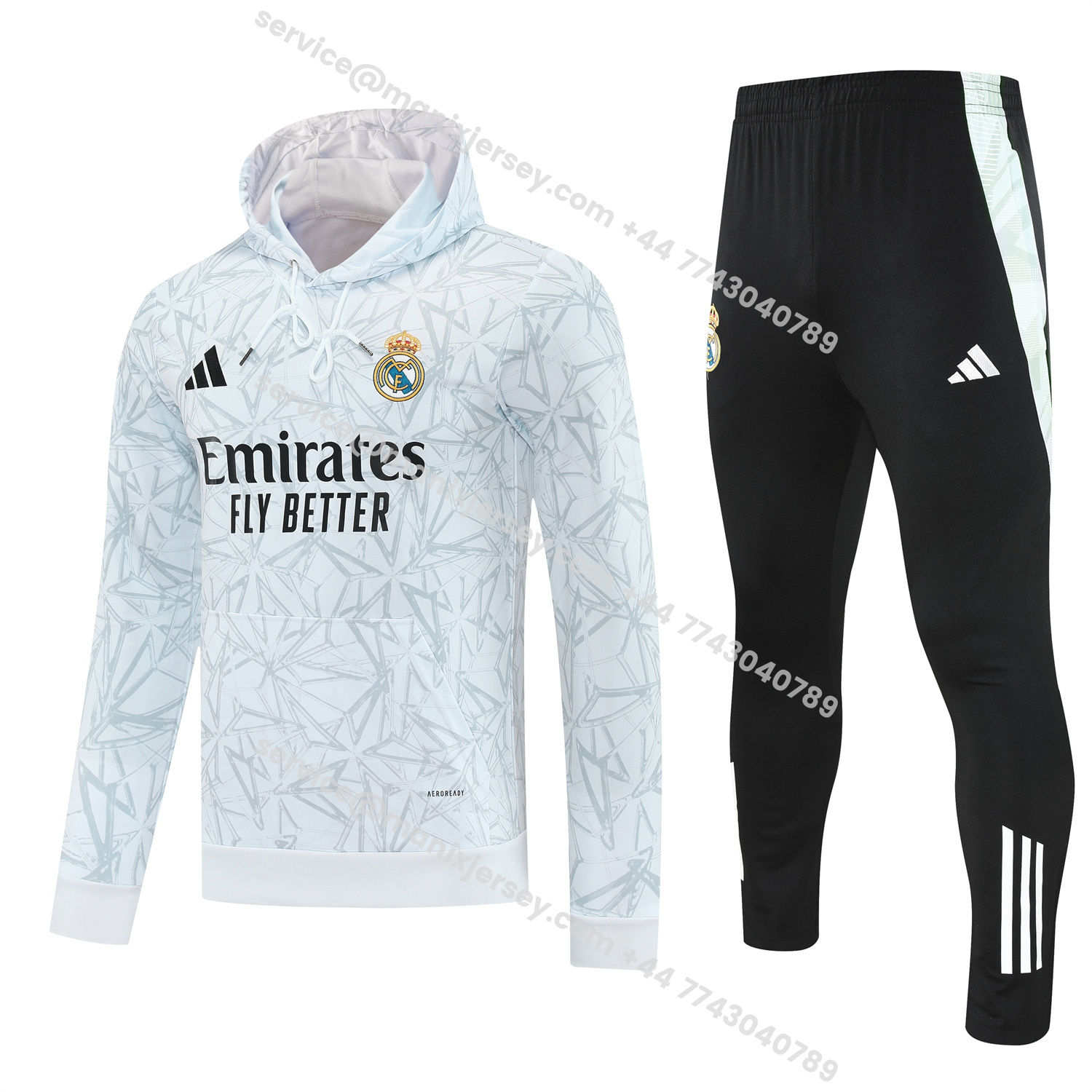 ManixJersey.com | Real Madrid 25-26 Traning Hoodie Set - Triangular Spots White Hoodie With Black Pants -Customize Name, Number and Patch | Worldwide Shipping