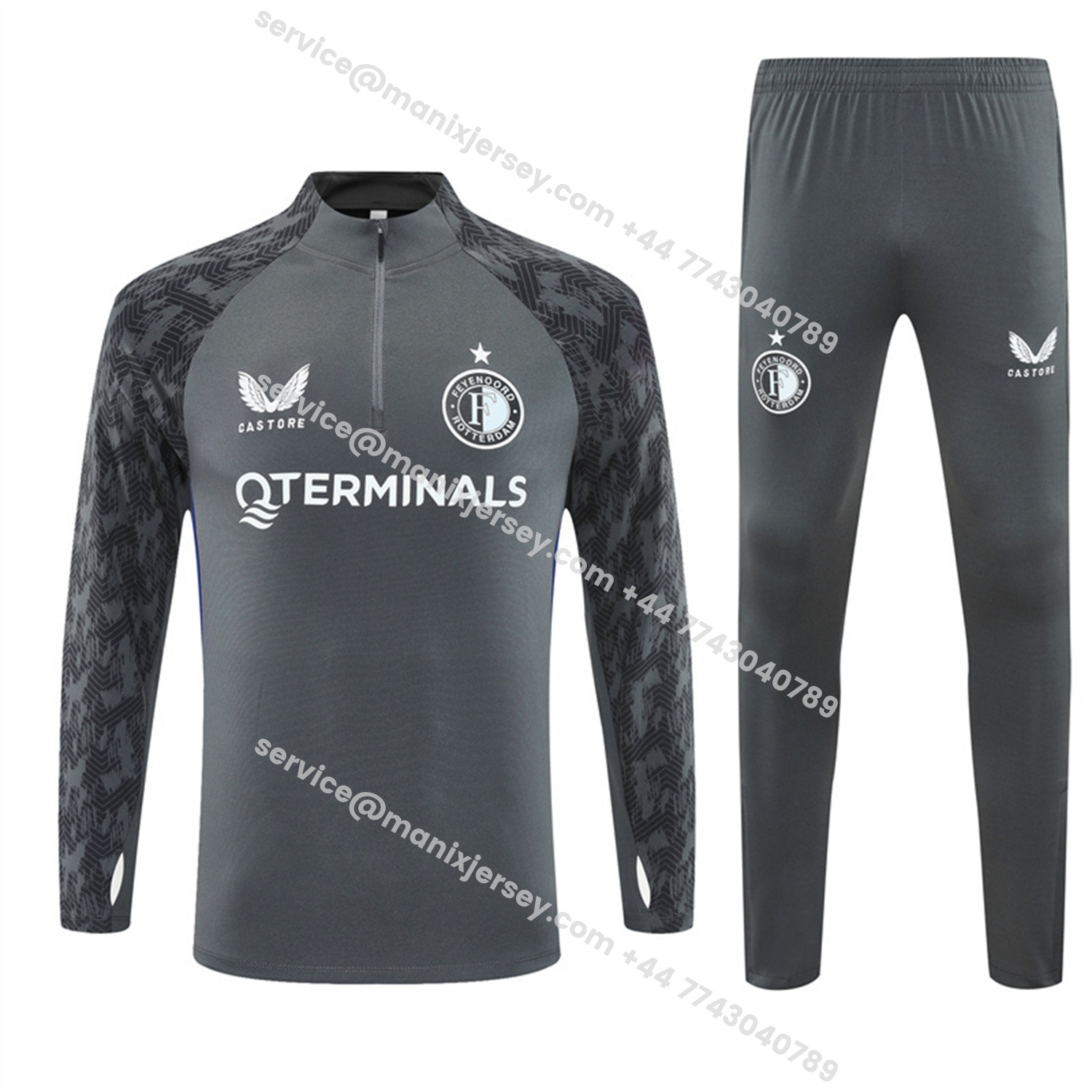 ManixJersey.com | Feyenoord 25-26 Long Sleeve Training Set - Dark Gray Top & Dark Gray Pants -Customize Name, Number and Patch | Worldwide Shipping