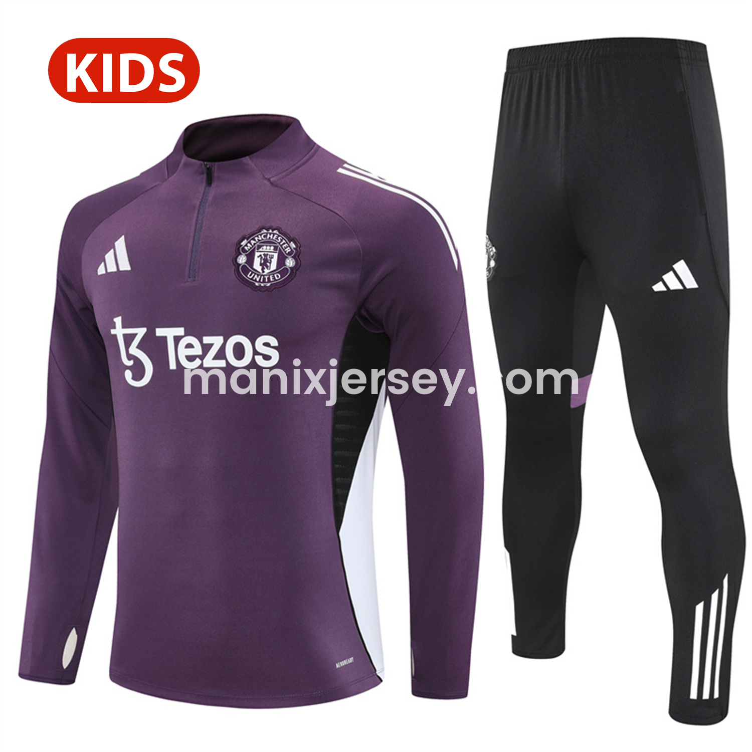 ManixJersey.com | Manchester United 25-26 Kid Long Sleeves Training Set - Purple Top & Black Pants -Customize Name, Number and Patch | Worldwide Shipping