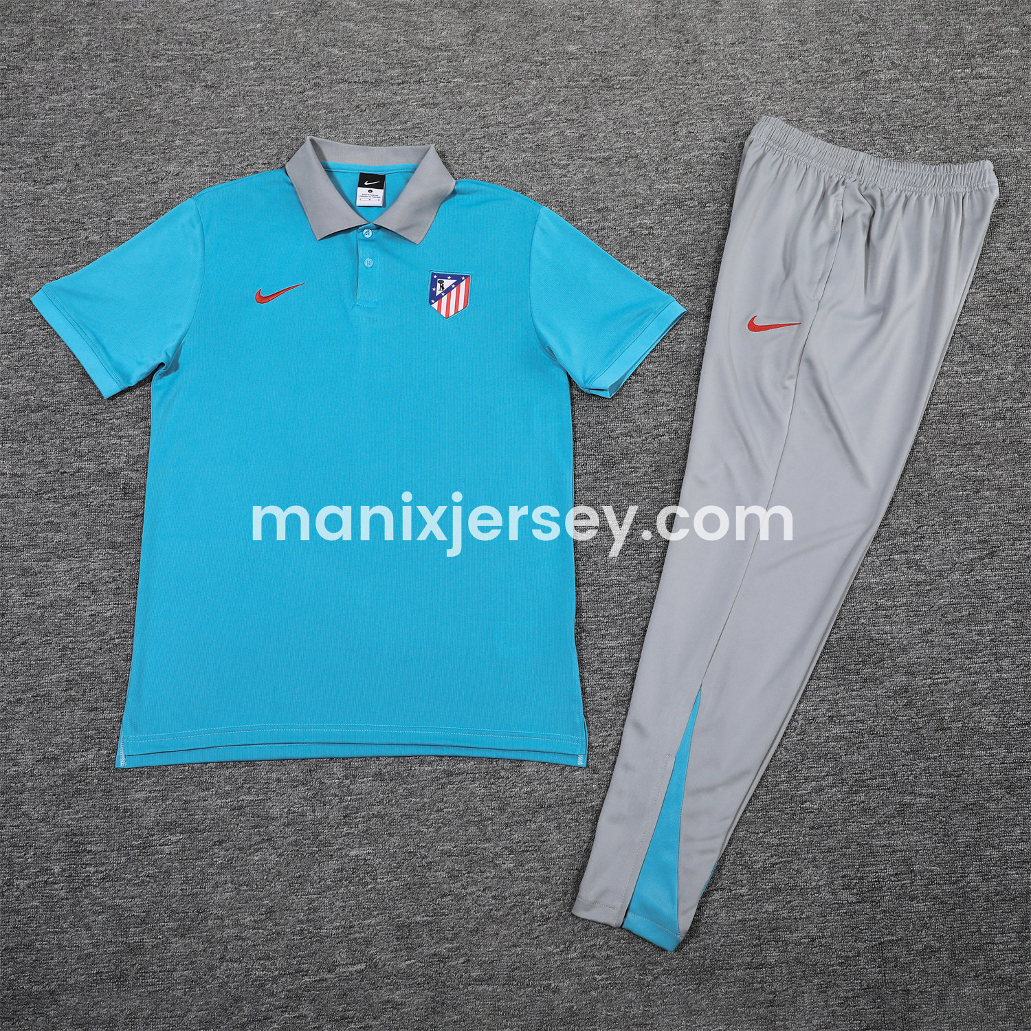 ManixJersey.com | Atletico Madrid 25-26 POLO Short-Sleeve Training Set - Blue Top and Grey Pants -Customize Name, Number and Patch | Worldwide Shipping