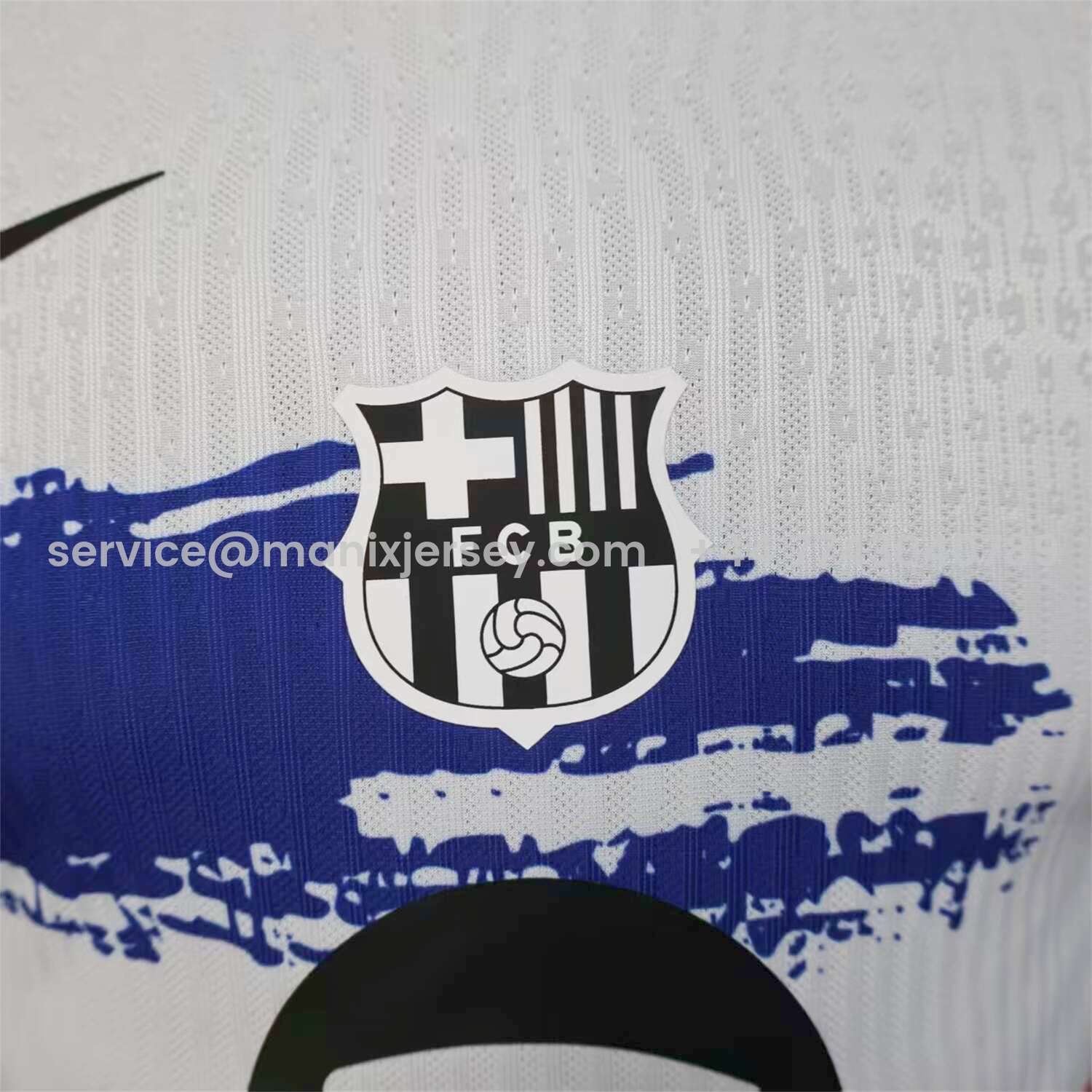 ManixJersey.com | Barcelona 25-26 White Jersey with Red Blue Ink Horizontal Stripes Jersey - Player Version -Customize Name, Number and Patch | Worldwide Shipping