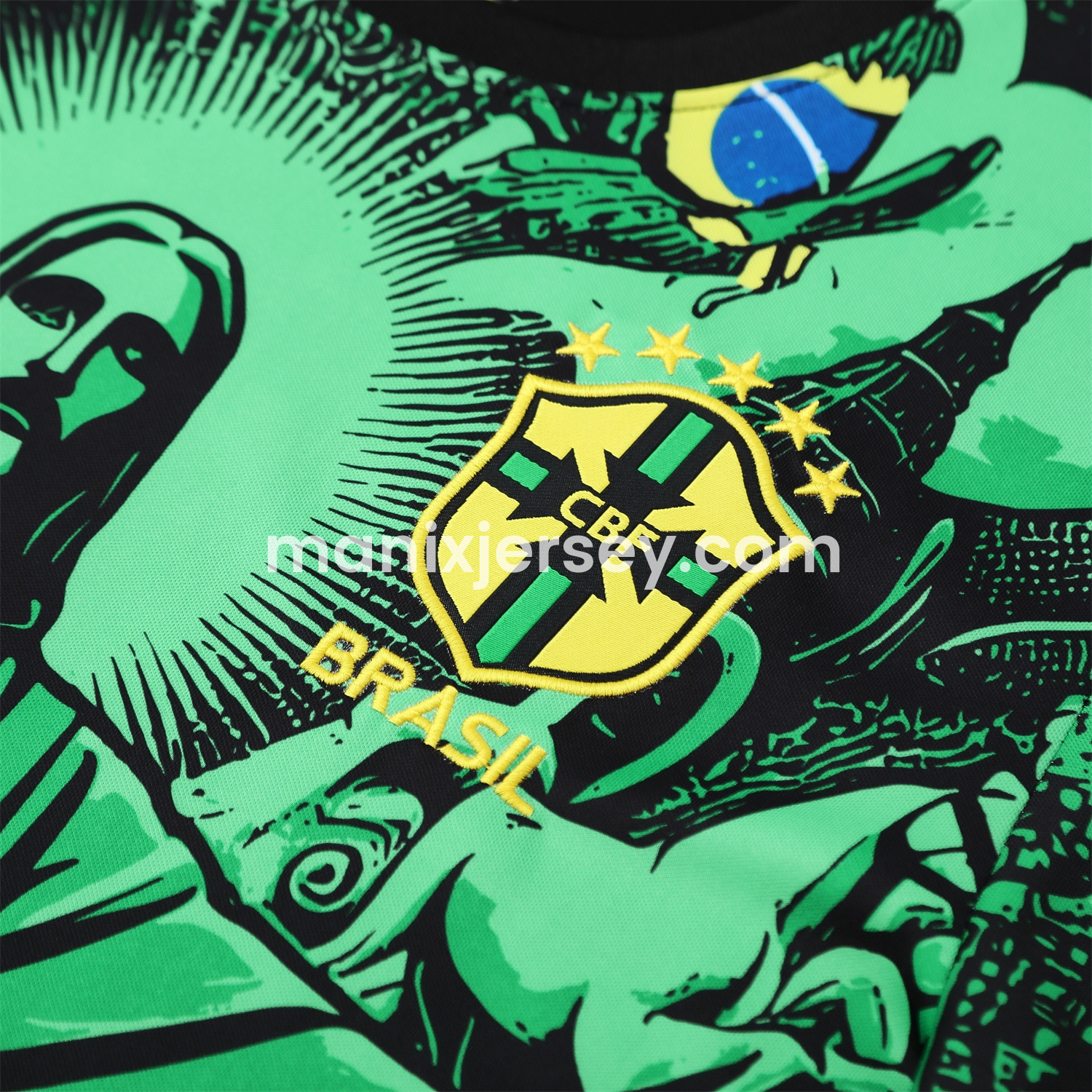 ManixJersey.com | Brazil 25-26 Green Jesus Statue Short-Sleeve Training Set - Green Top & Black Shorts -Customize Name, Number and Patch | Worldwide Shipping