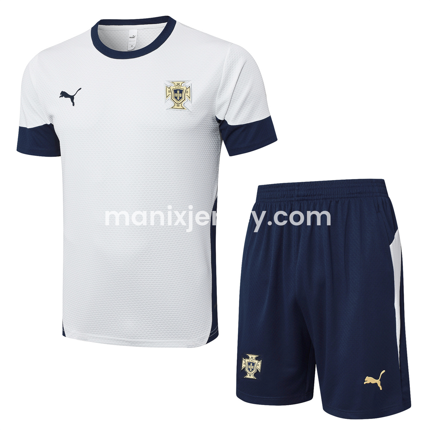 ManixJersey.com | Portugal 25-26 Short-Sleeve Training Set - Off White Top and Deep Blue Shorts -Customize Name, Number and Patch | Worldwide Shipping