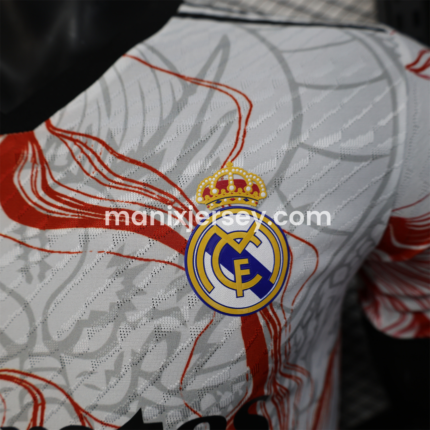 ManixJersey.com | Real Madrid 24-25 Black & Red Loong White Jersey - Player Version -Customize Name, Number and Patch | Worldwide Shipping