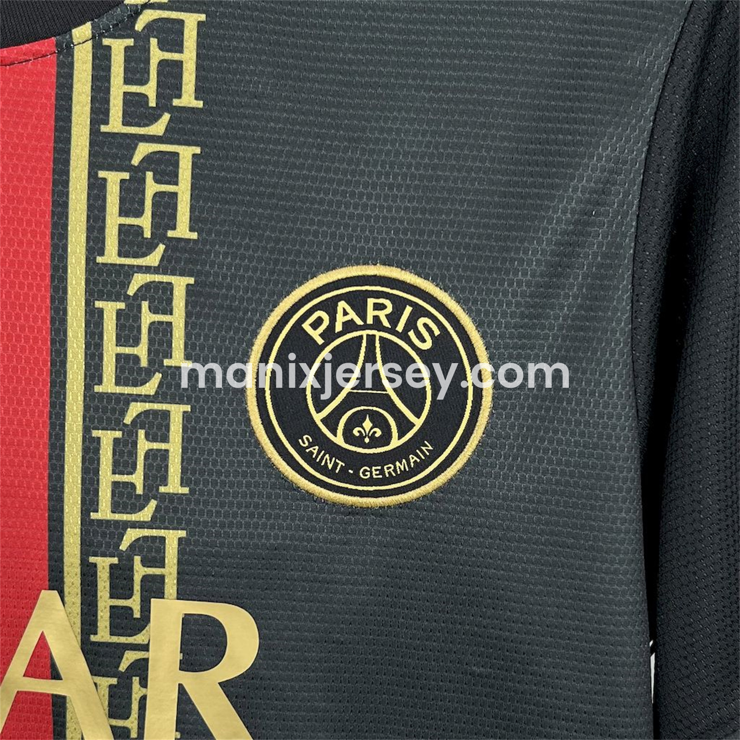 ManixJersey.com | Paris Saint-Germain PSG 25-26 Red White Stripes Black Jersey - Fans Version -Customize Name, Number and Patch | Worldwide Shipping