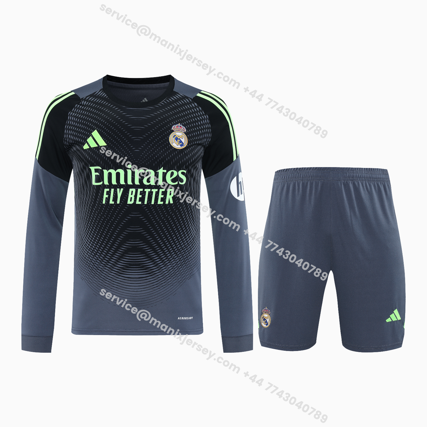 ManixJersey.com | Real Madrid 25-26 Long-Sleeve Training Set - Deep Gray Top & Gray Shorts -Customize Name, Number and Patch | Worldwide Shipping