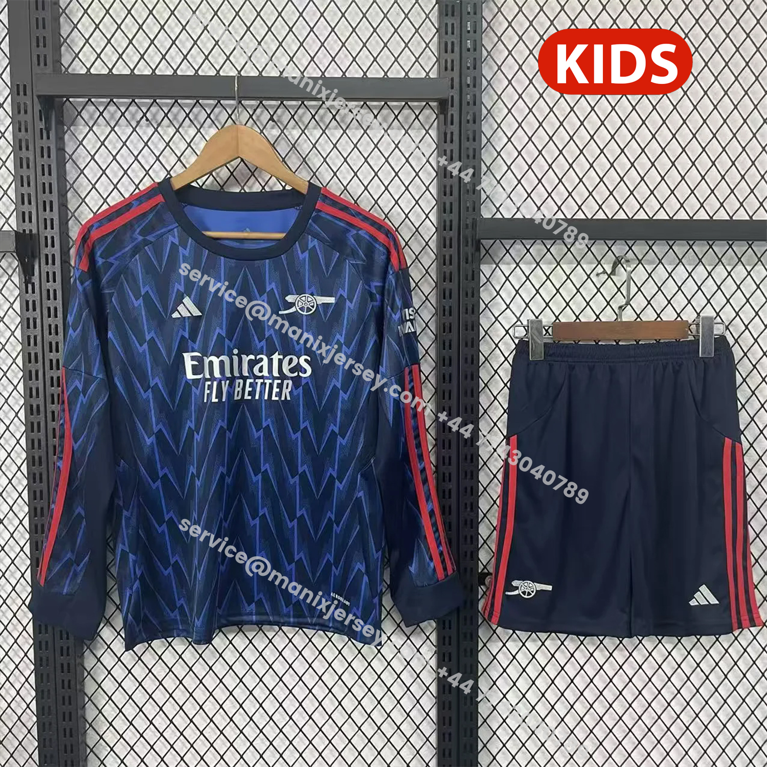 ManixJersey.com | Arsenal 25-26 Away Blue Long Sleeves Kids Kit -Customize Name, Number and Patch | Worldwide Shipping
