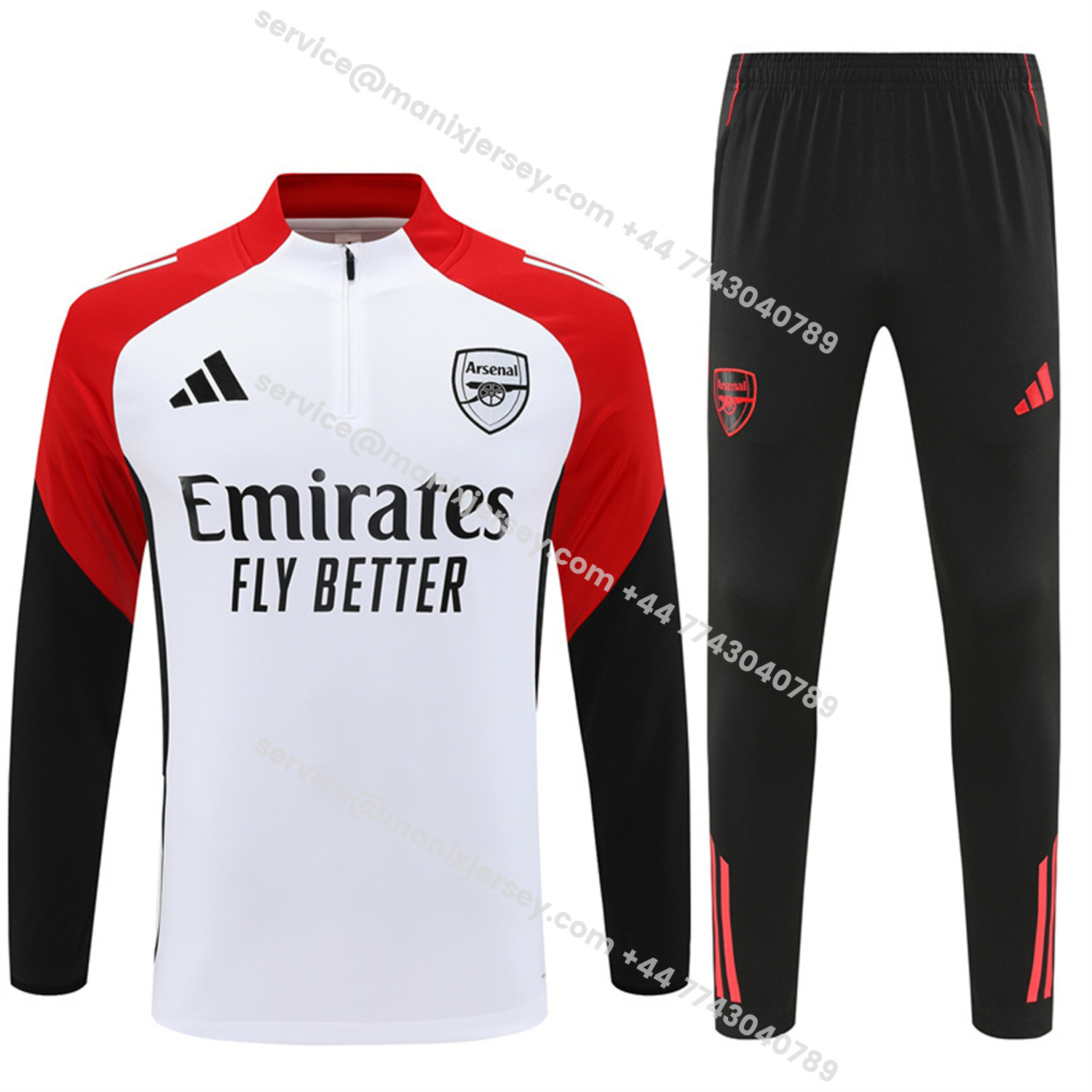 ManixJersey.com | Arsenal 25-26 Long Sleeve Training Set - White Top & Black Pants -Customize Name, Number and Patch | Worldwide Shipping