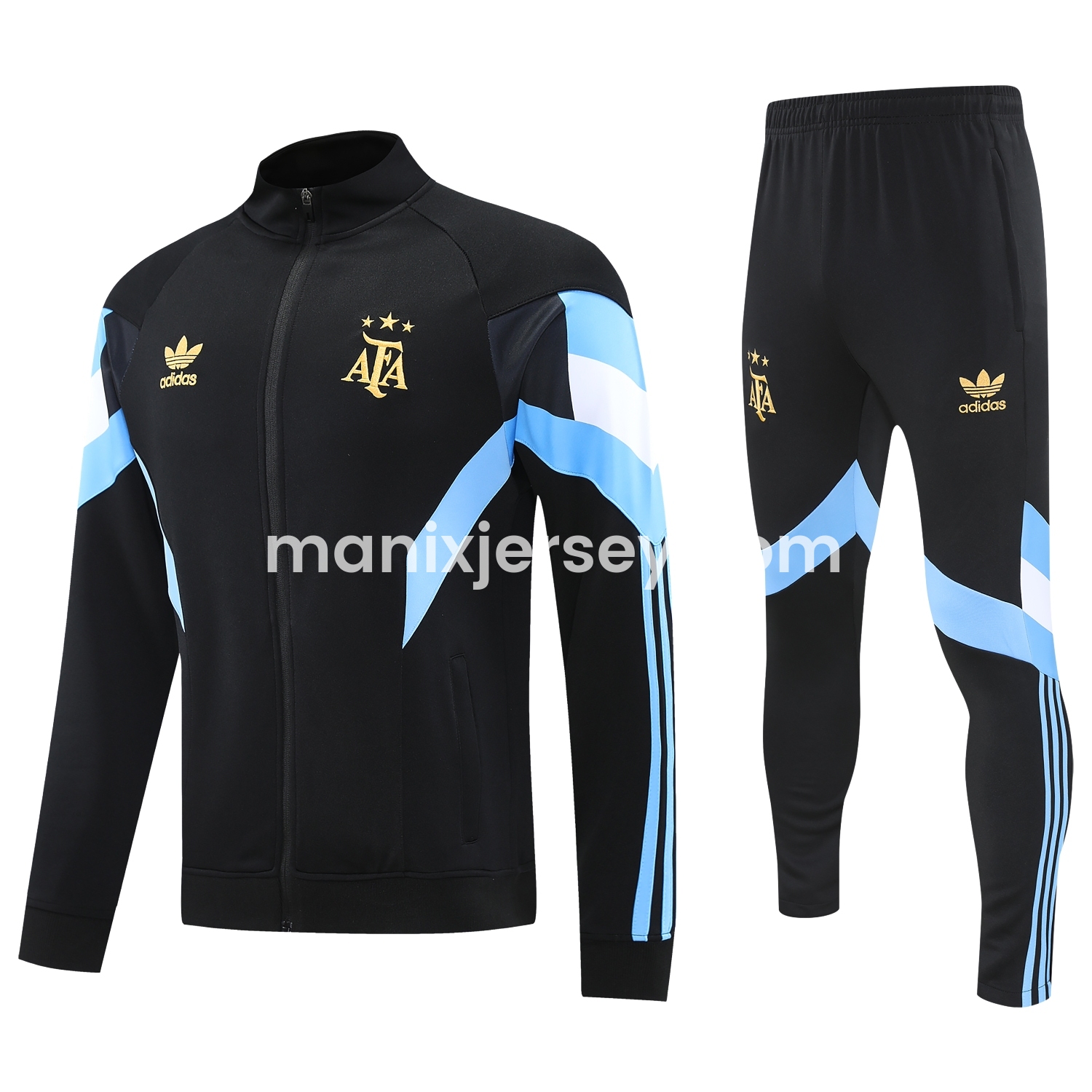 ManixJersey.com | Argentina 24-25 Throwback Jacket Training Tracksuit - Black Jackets & Pants with Blue and White Stripes -Customize Name, Number and Patch | Worldwide Shipping