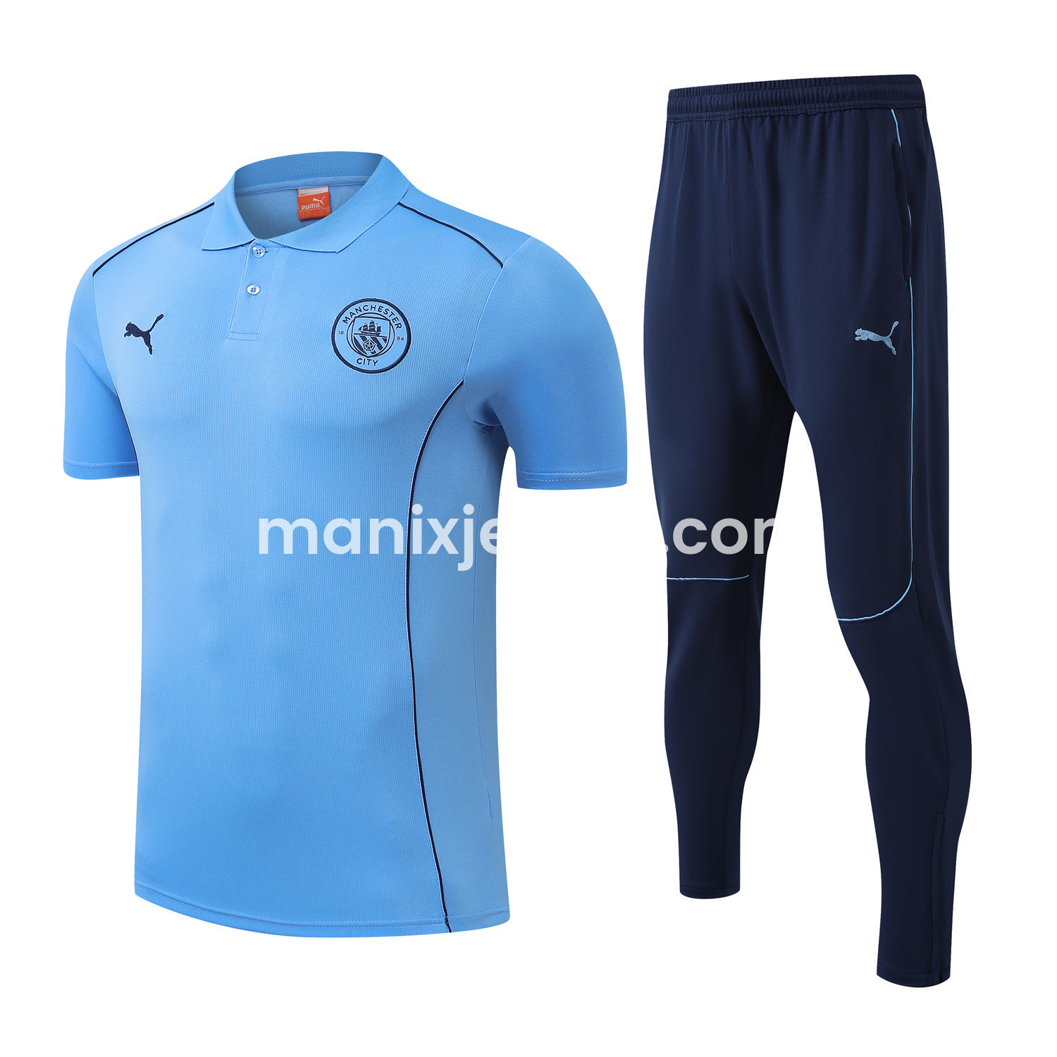 ManixJersey.com | Manchester City 25-26 POLO Short-Sleeve Training Set - Blue Top and Deep Blue Pants -Customize Name, Number and Patch | Worldwide Shipping