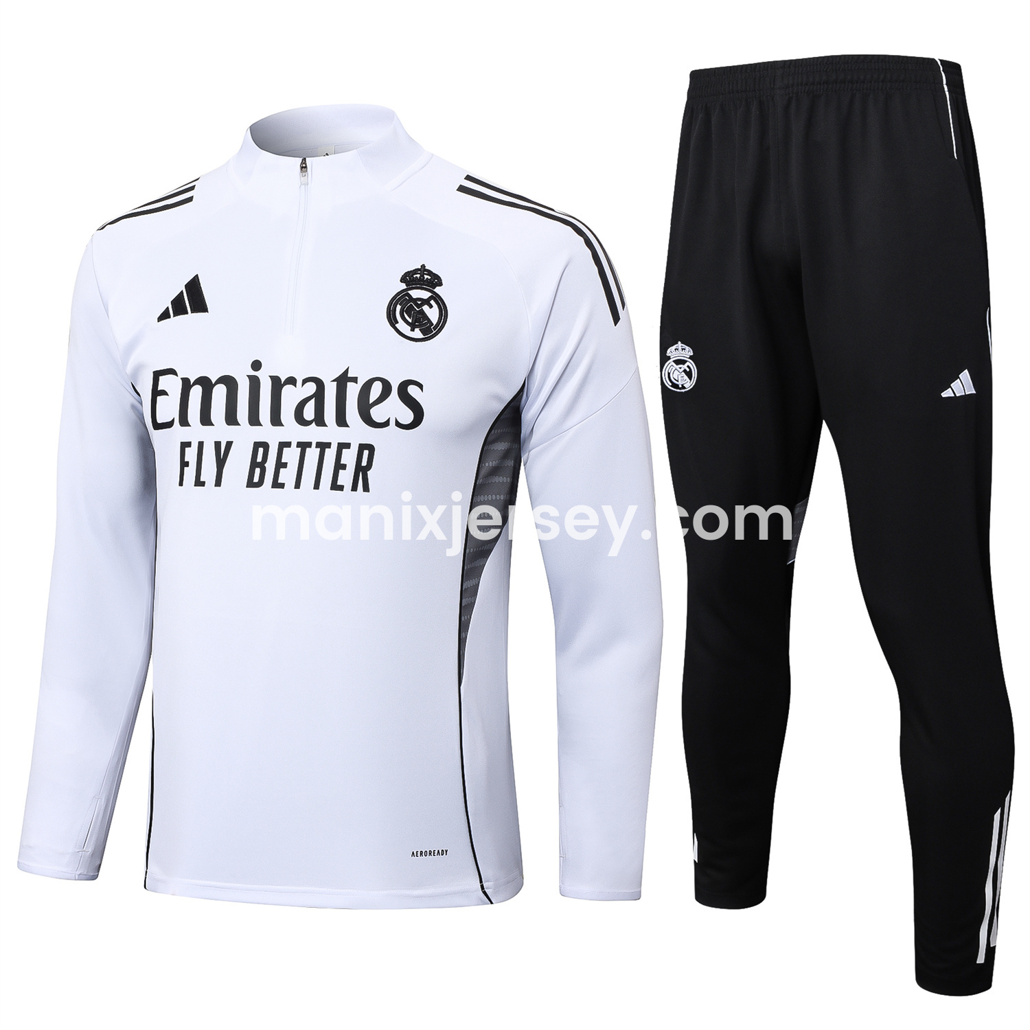 ManixJersey.com | Real Madrid 25-26 Long Sleeve Training Set - White Top and Black Pants -Customize Name, Number and Patch | Worldwide Shipping