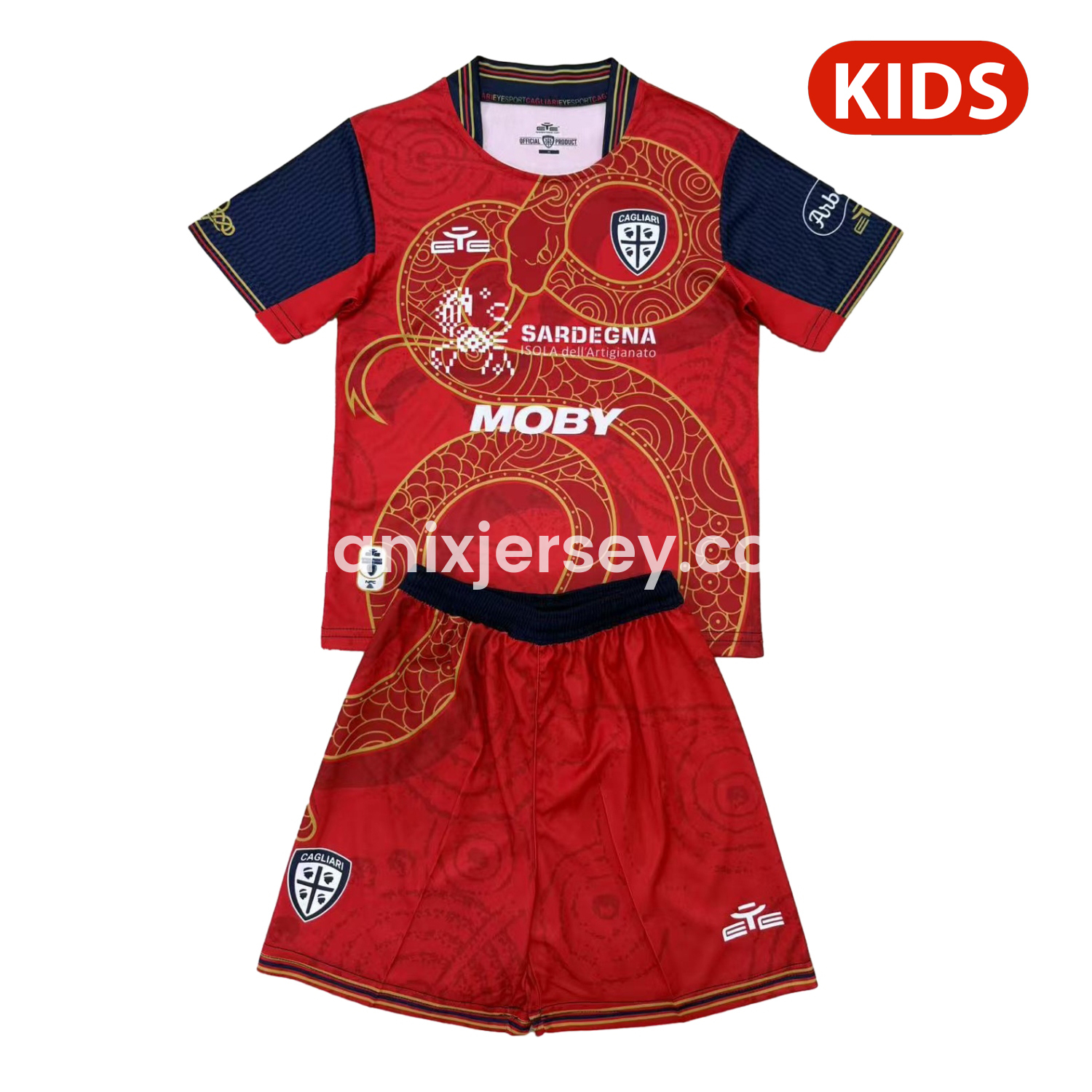 ManixJersey.com | Cagliari Calcio 24-25 Year of the Snake Special Kids Kit -Customize Name, Number and Patch | Worldwide Shipping