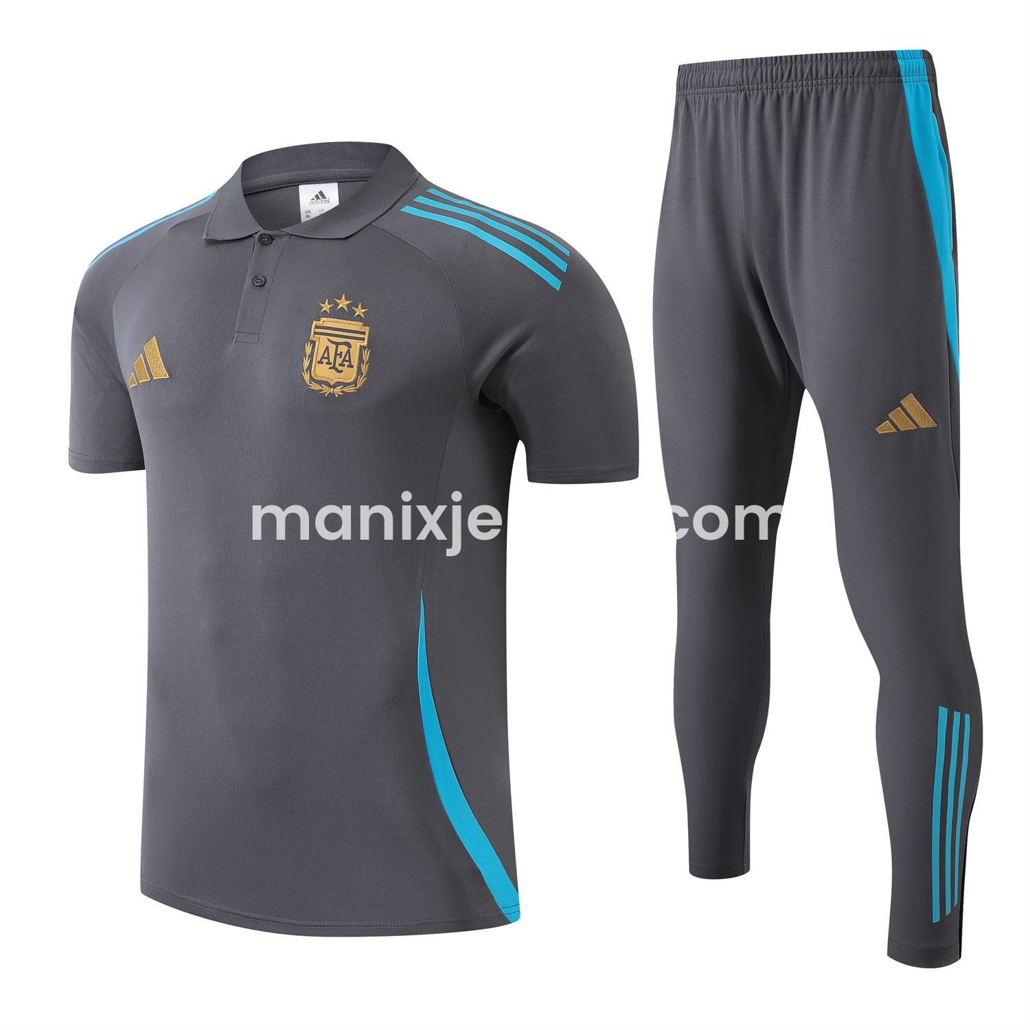 ManixJersey.com | Argentina 25-26 POLO Short-Sleeve Training Set - Grey Top and Pants with Blue Stripes -Customize Name, Number and Patch | Worldwide Shipping