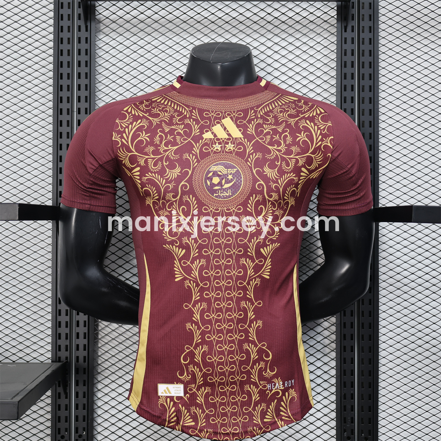 ManixJersey.com | Algeria 25-26 Burgundy Jersey with Chest Pattern Decoration - Player Version -Customize Name, Number and Patch | Worldwide Shipping