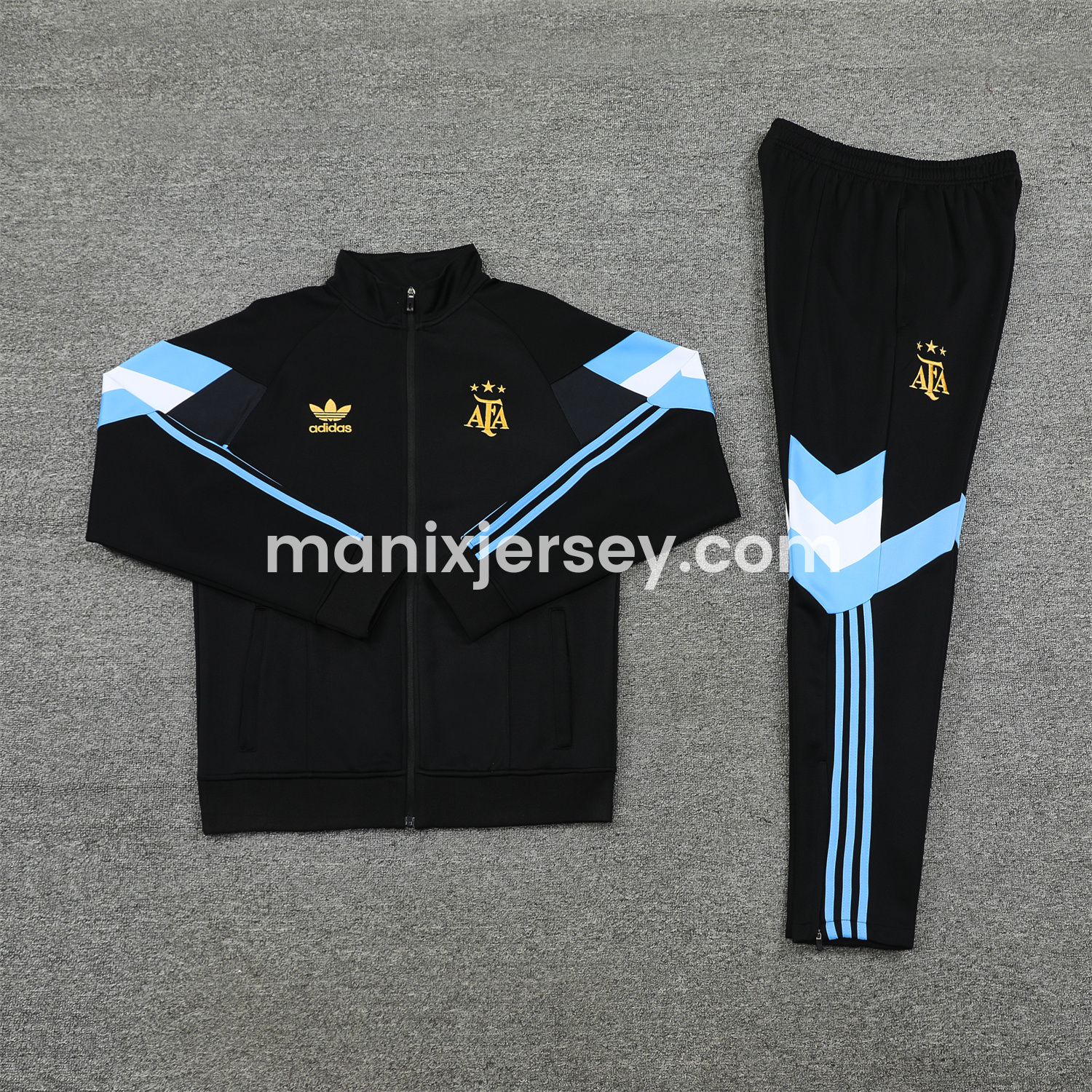 ManixJersey.com | Argentina 24-25 Throwback Jacket Training Tracksuit - Black Jackets & Pants with Blue and White Stripes -Customize Name, Number and Patch | Worldwide Shipping