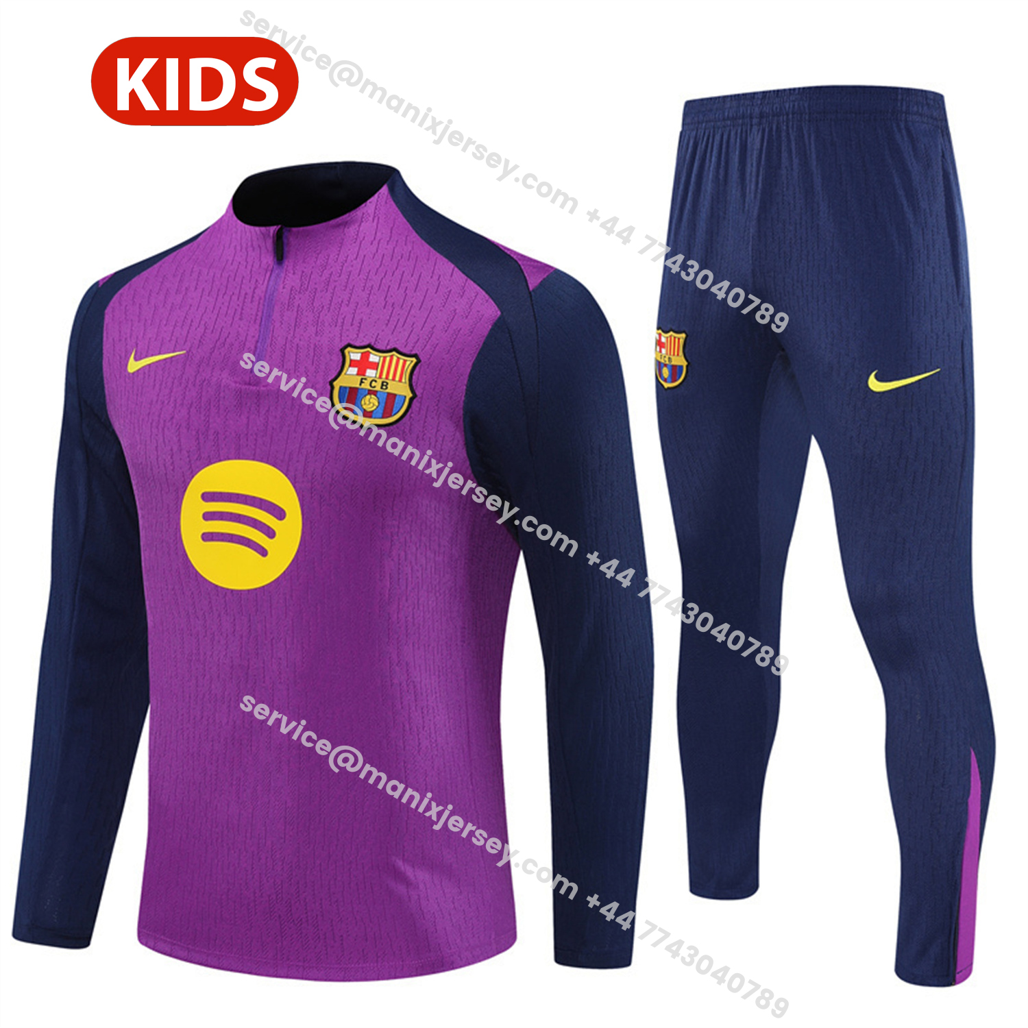 ManixJersey.com | Barcelona 25-26 Kids Long Sleeve Training Set - Purple Top & Deep Blue Pants -Customize Name, Number and Patch | Worldwide Shipping