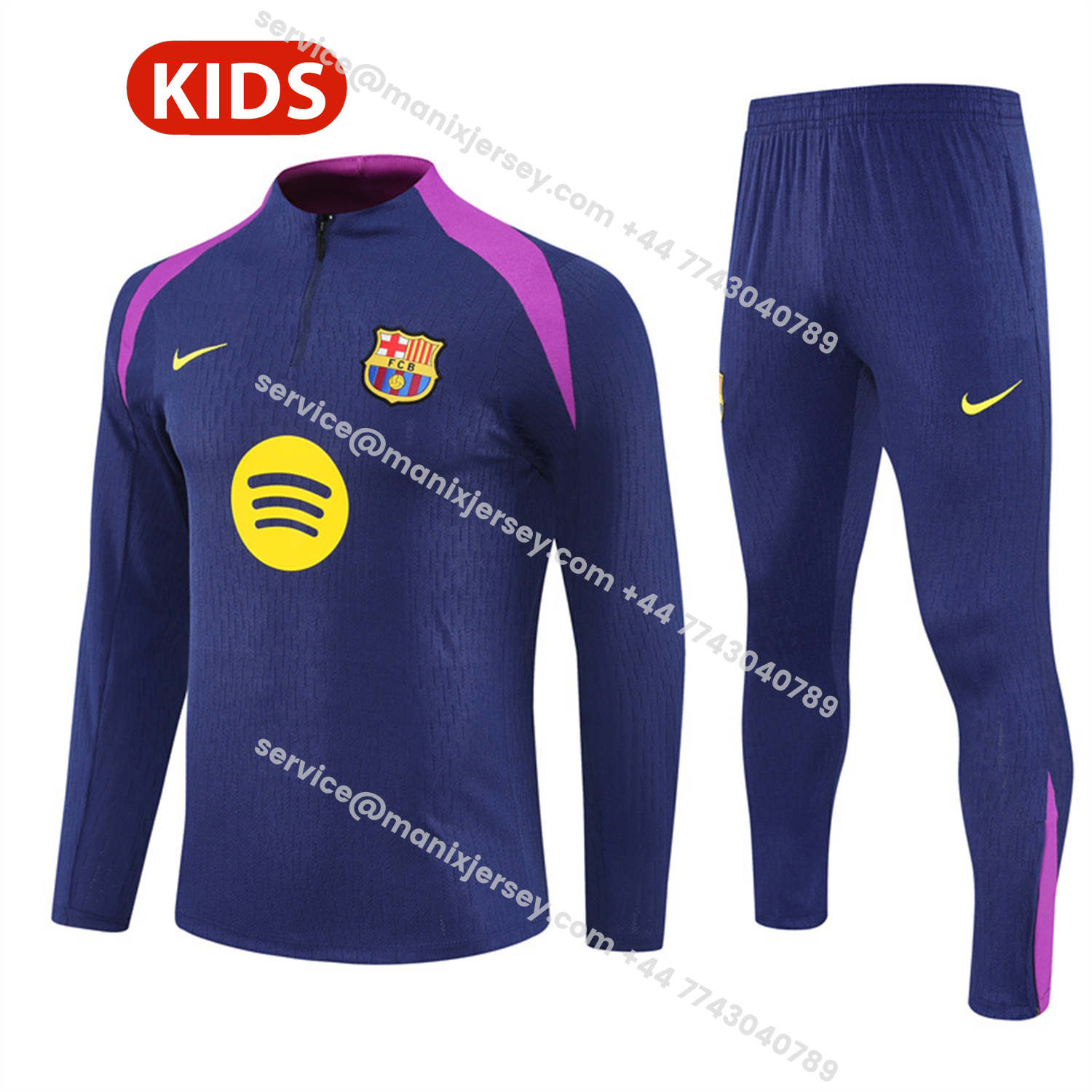 ManixJersey.com | Barcelona 25-26 Kids Long Sleeve Training Set - Royal Blue Top Yellow Sponsor & Royal Blue Pants -Customize Name, Number and Patch | Worldwide Shipping
