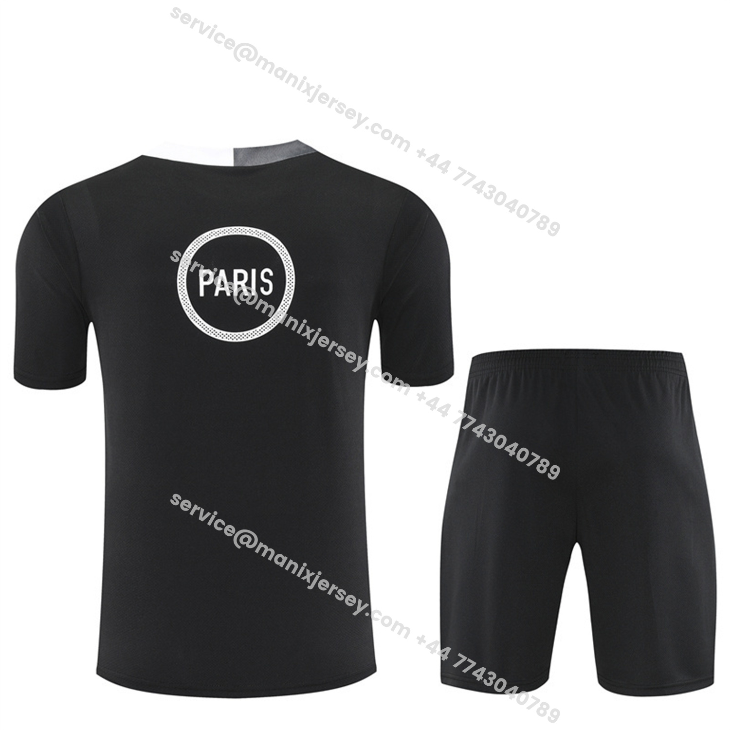 ManixJersey.com | Paris Saint-Germain PSG 25-26 Short-Sleeve Training Set - White Edge Black Top & Black Shorts -Customize Name, Number and Patch | Worldwide Shipping