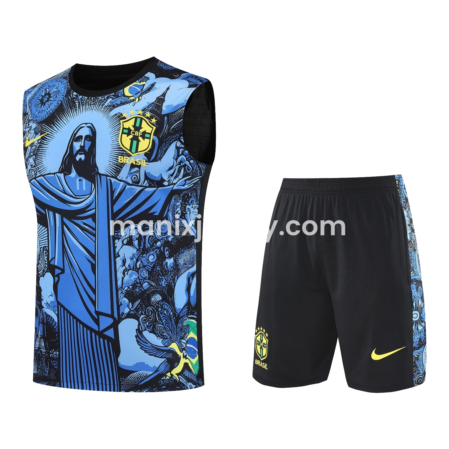 ManixJersey.com | Brazil 25-26 Blue Jesus Statue Vest Training Set - Blue Vest & Black Shorts -Customize Name, Number and Patch | Worldwide Shipping