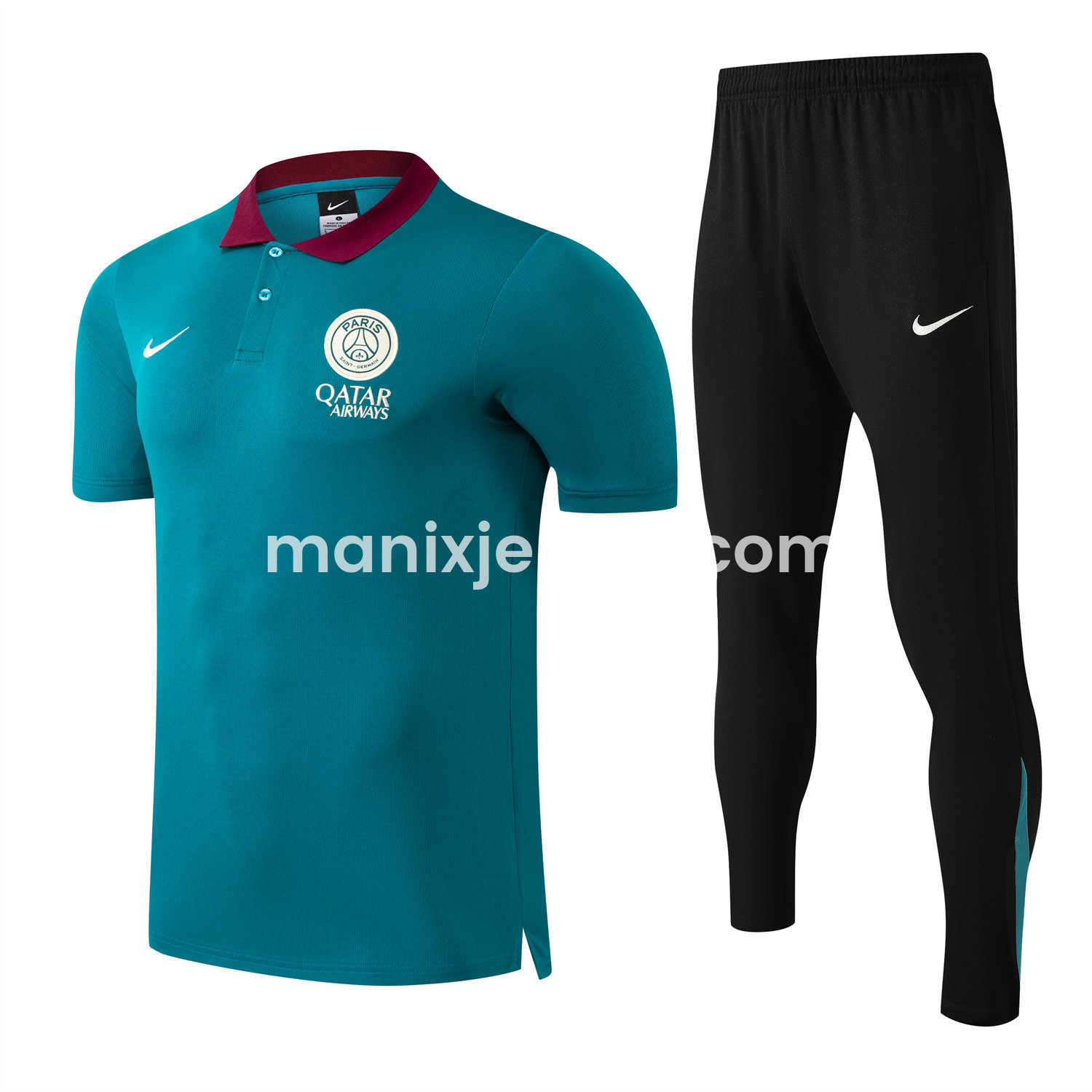 ManixJersey.com | Paris Saint-Germain PSG 25-26 POLO Short-Sleeve Training Set - Blue Green Top and Black Pants -Customize Name, Number and Patch | Worldwide Shipping
