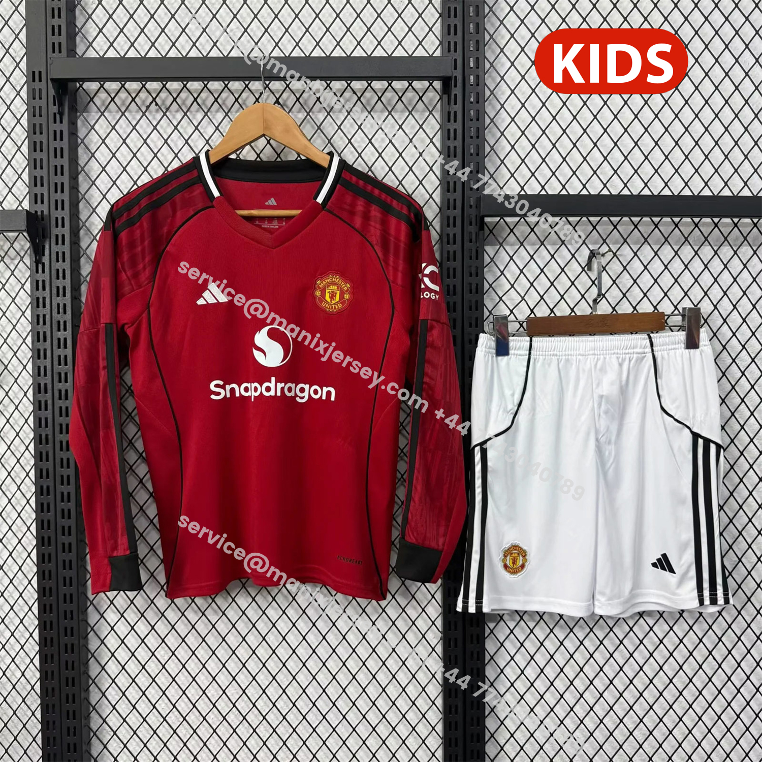 ManixJersey.com | Manchester United 25-26 Home Long Sleeves Kids Kit -Customize Name, Number and Patch | Worldwide Shipping