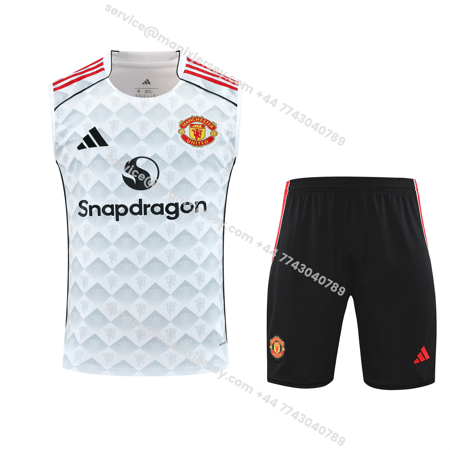 ManixJersey.com | Manchester United 25-26 Vest Training Set - Red Edge White Vest & Black Shorts -Customize Name, Number and Patch | Worldwide Shipping