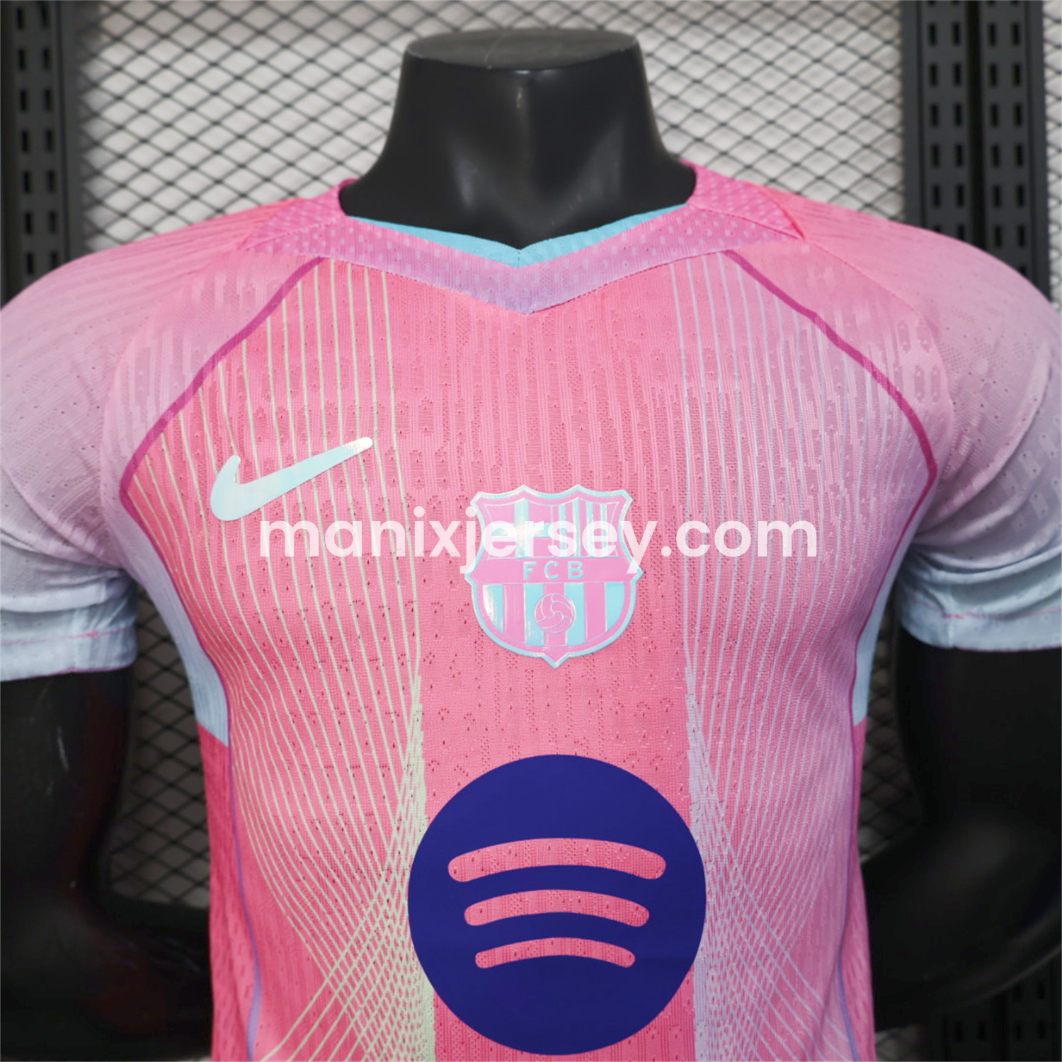 ManixJersey.com | Barcelona 25-26 Pink and Light Blue Stripes Jersey - Player Version -Customize Name, Number and Patch | Worldwide Shipping