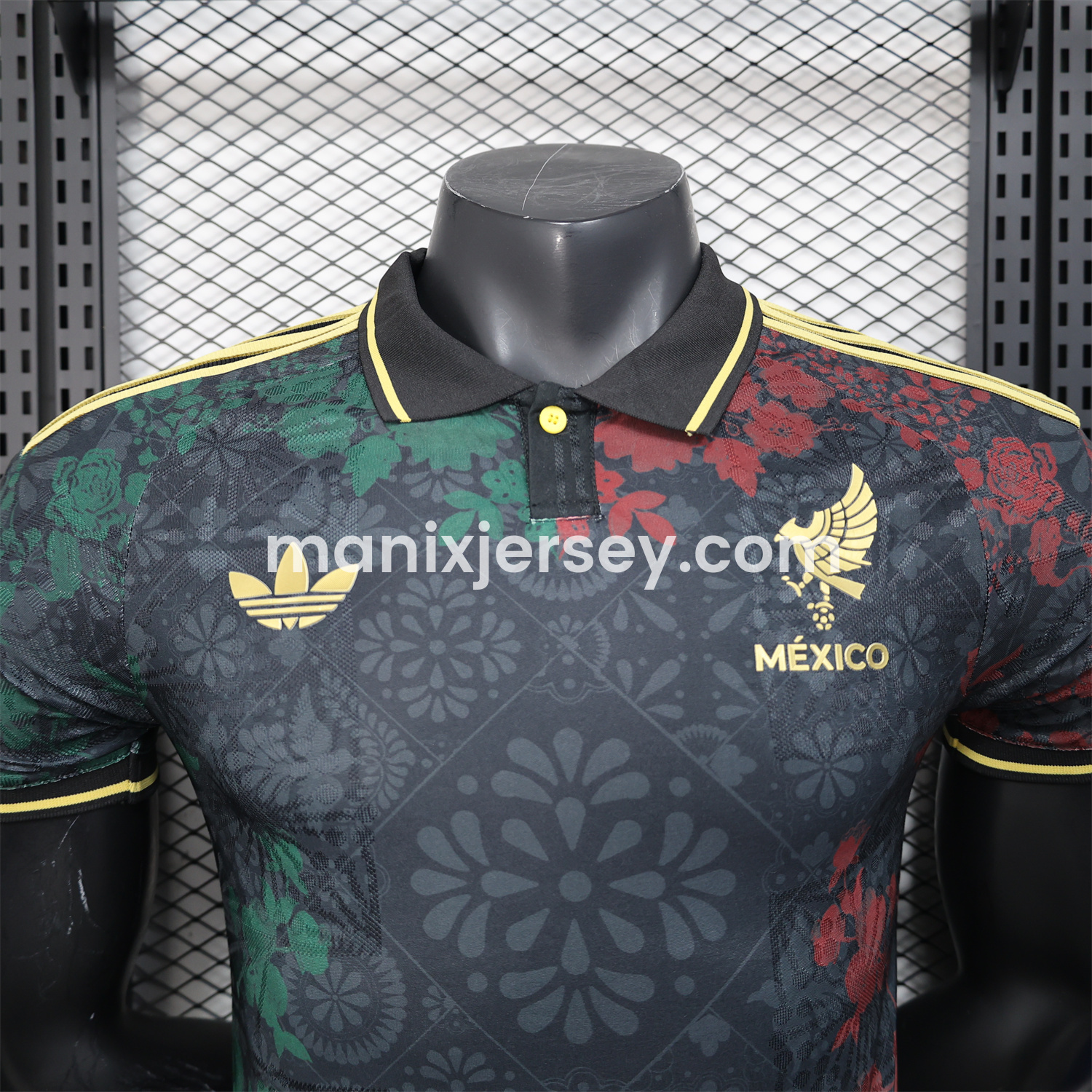 ManixJersey.com | Mexico 25-26 Black Polo Jersey with Red and Green Floral Pattern - Player Version -Customize Name, Number and Patch | Worldwide Shipping