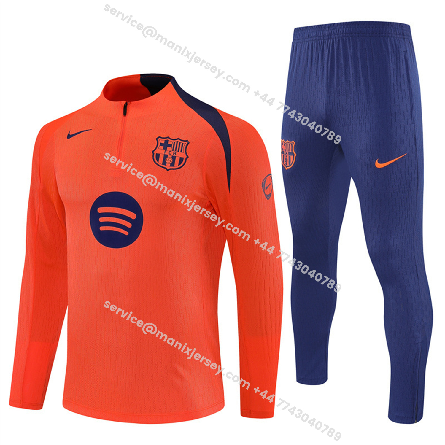 ManixJersey.com | Barcelona 25-26 Long Sleeve Training Set - Orange Top Royal Blue Sponsor & Royal Blue Pants -Customize Name, Number and Patch | Worldwide Shipping