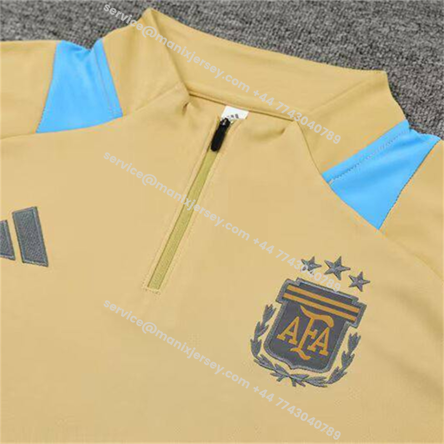 ManixJersey.com | Argentina 25-26 Kids Long Sleeve Training Set - Gold Top and Grey Pants -Customize Name, Number and Patch | Worldwide Shipping