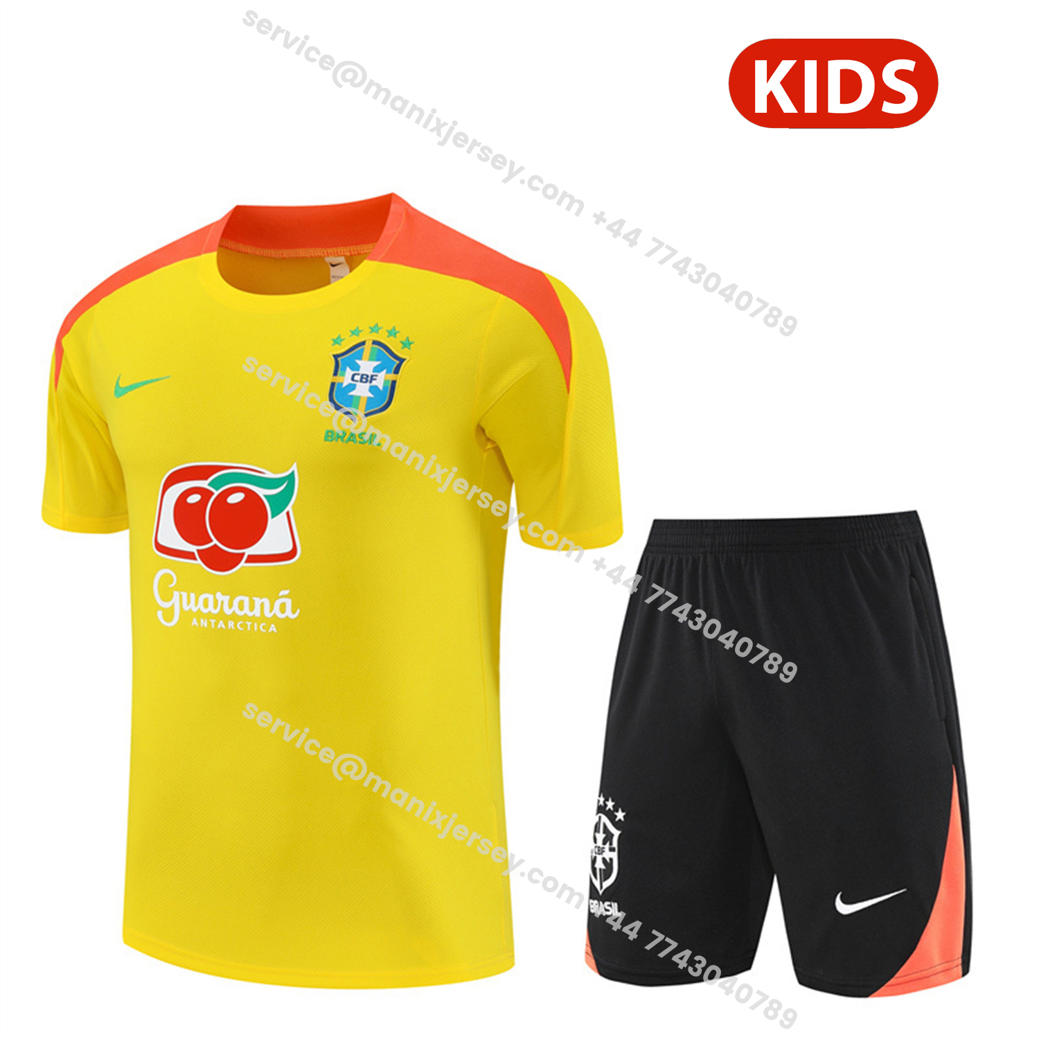 ManixJersey.com | Brazil 25-26 Kids Short-Sleeve Training Set - Yellow Top & Black Shorts -Customize Name, Number and Patch | Worldwide Shipping